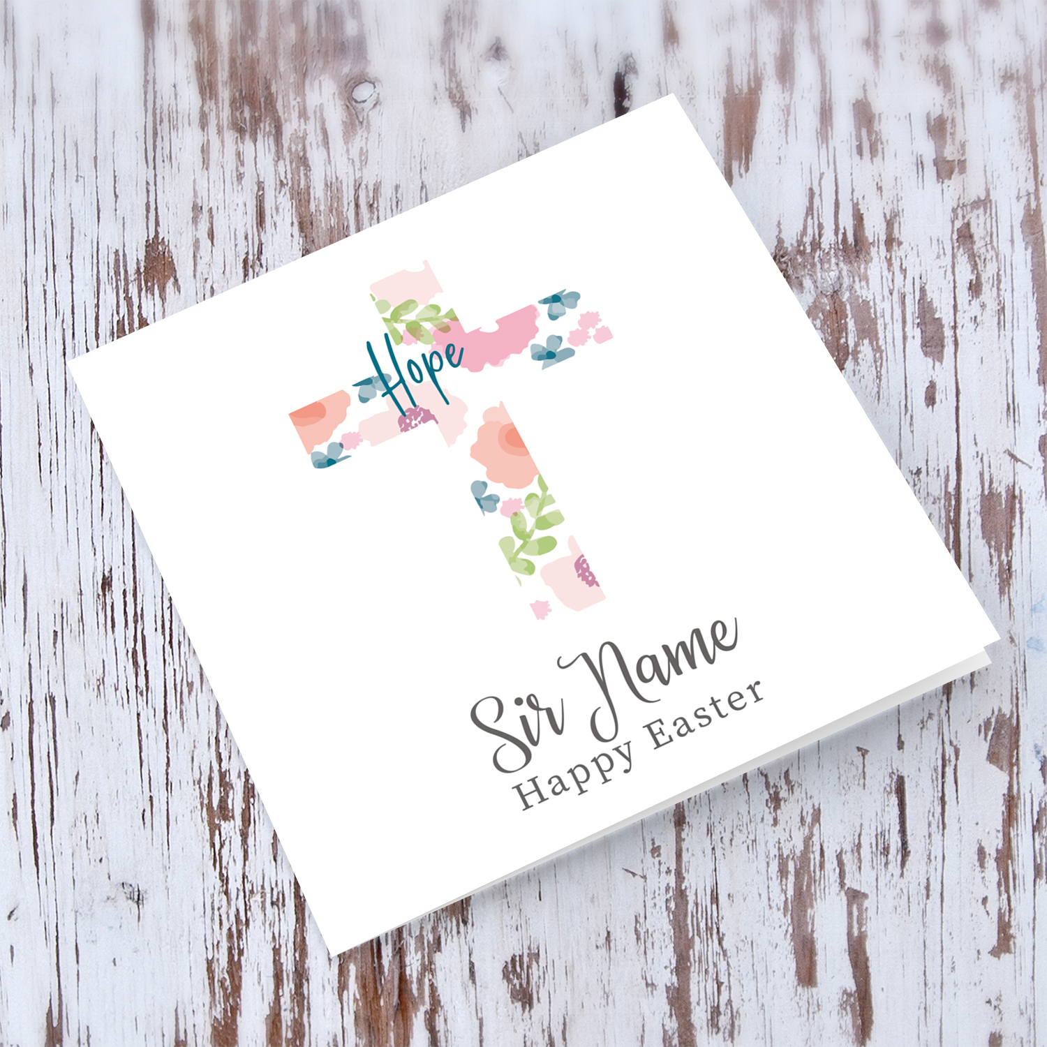 Cross with colourful flowers and hope Easter personalisable card in English (Male)
