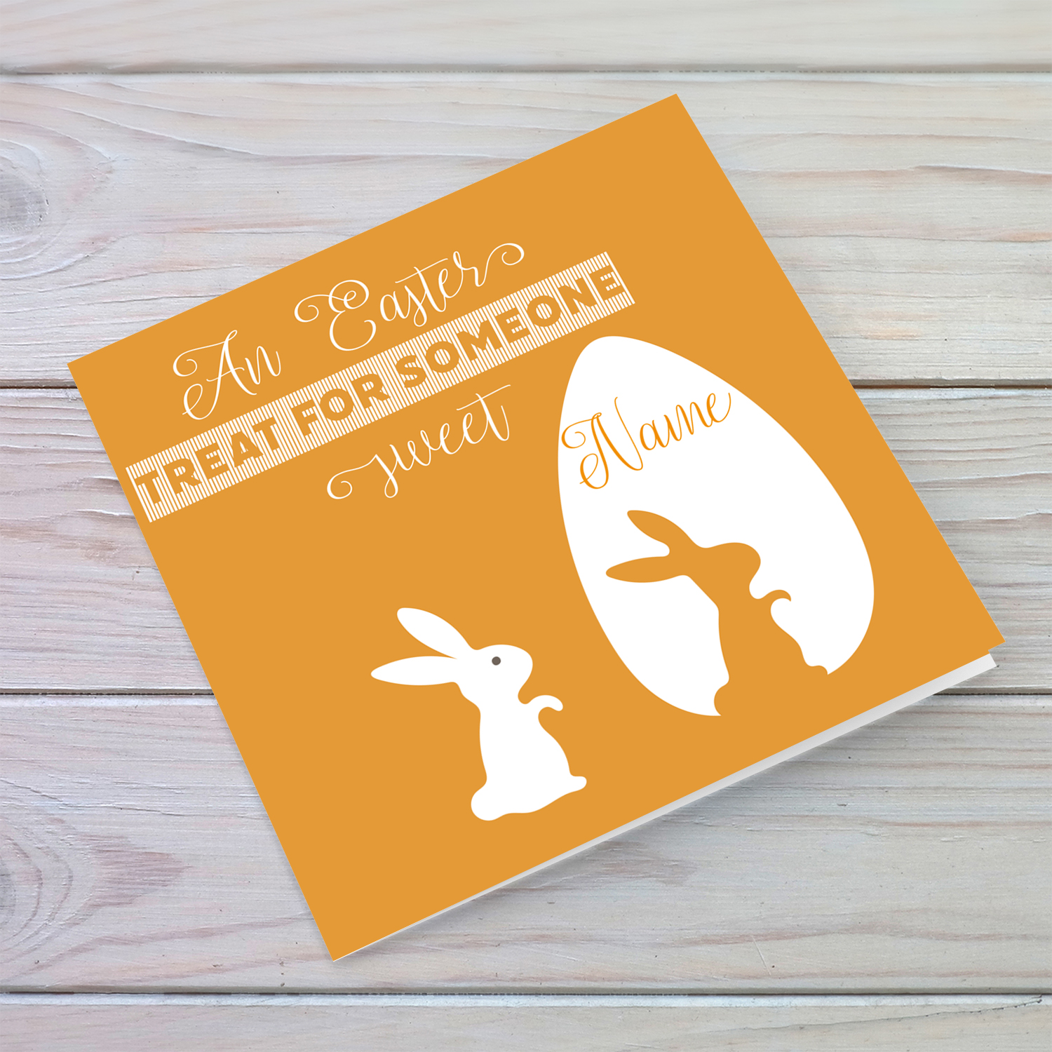 Orange monochrome personalisable Easter card with bunny and egg in English