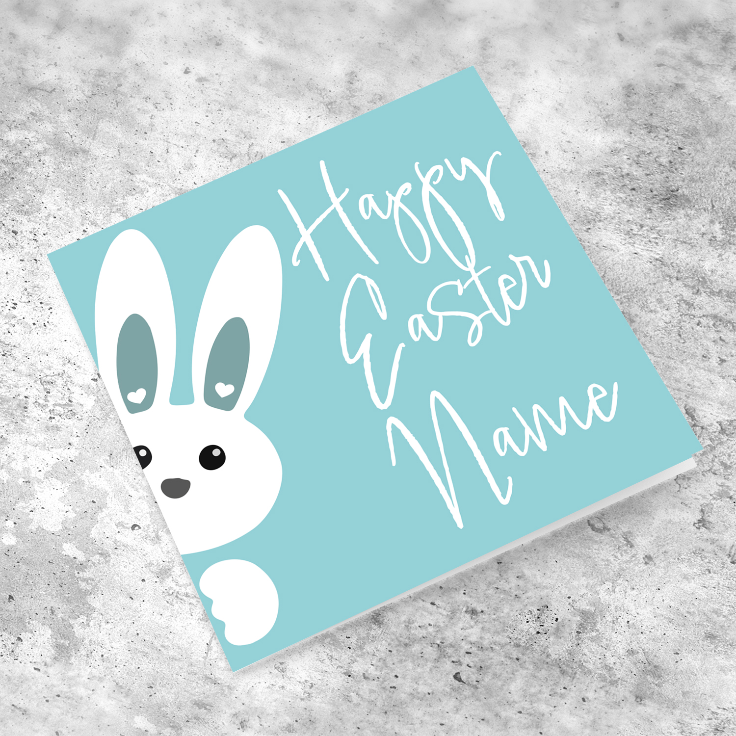 Cute bunny peeping out with blue background personalisable Easter Card in English