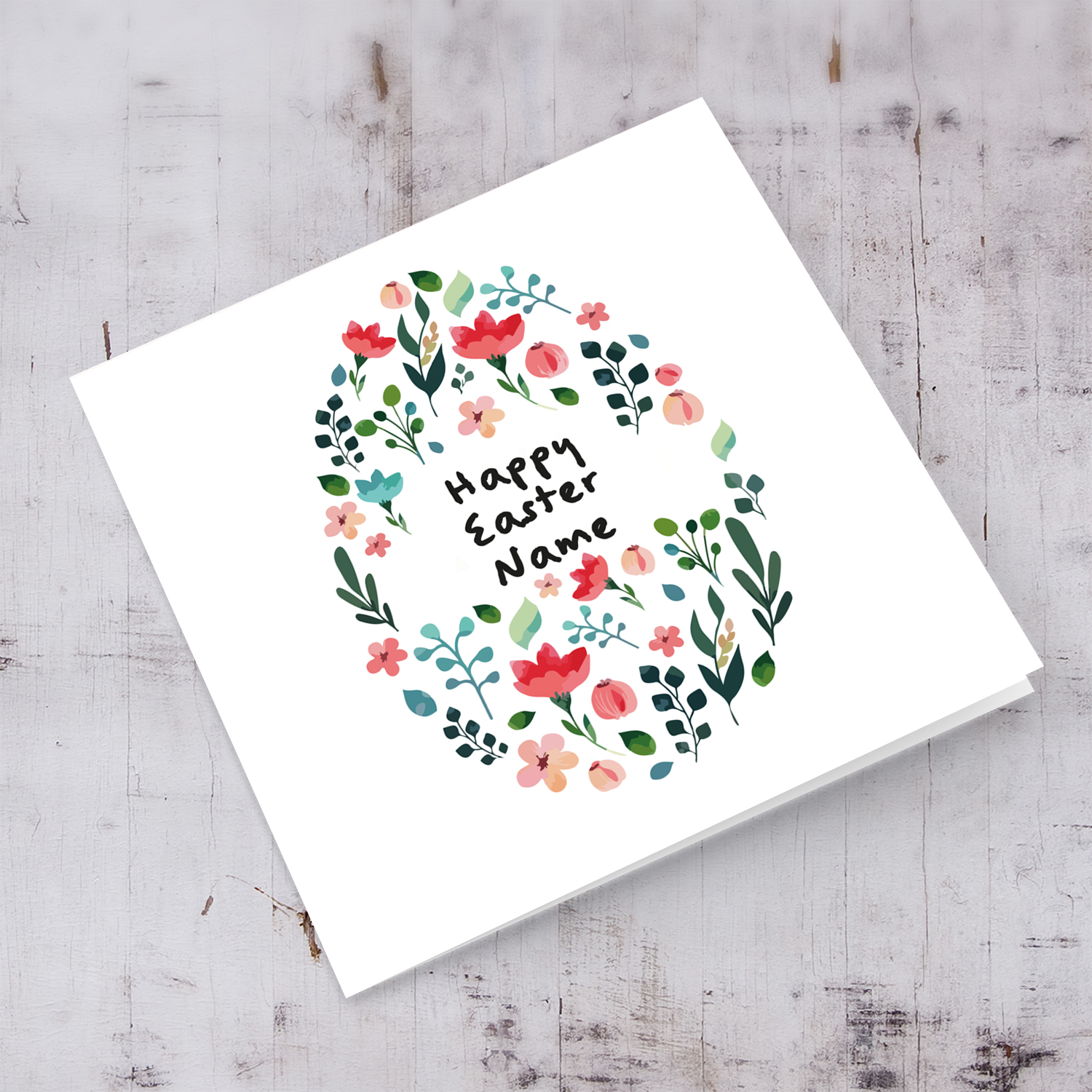 Easter egg filled with various flowers personalisable Easter Card in English