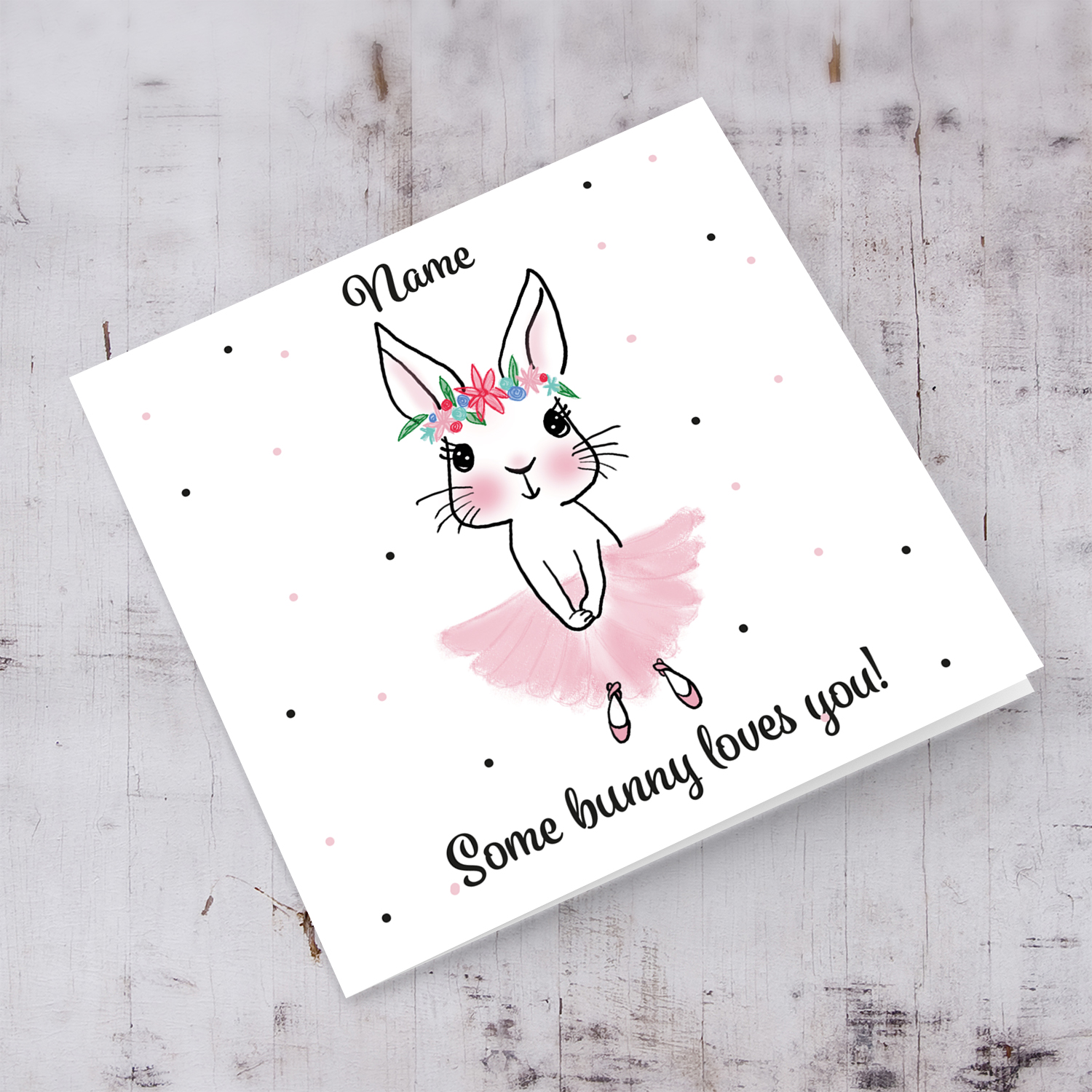 Cute bunny rabbit wearing tutu and flower crown personalisable Easter card in English