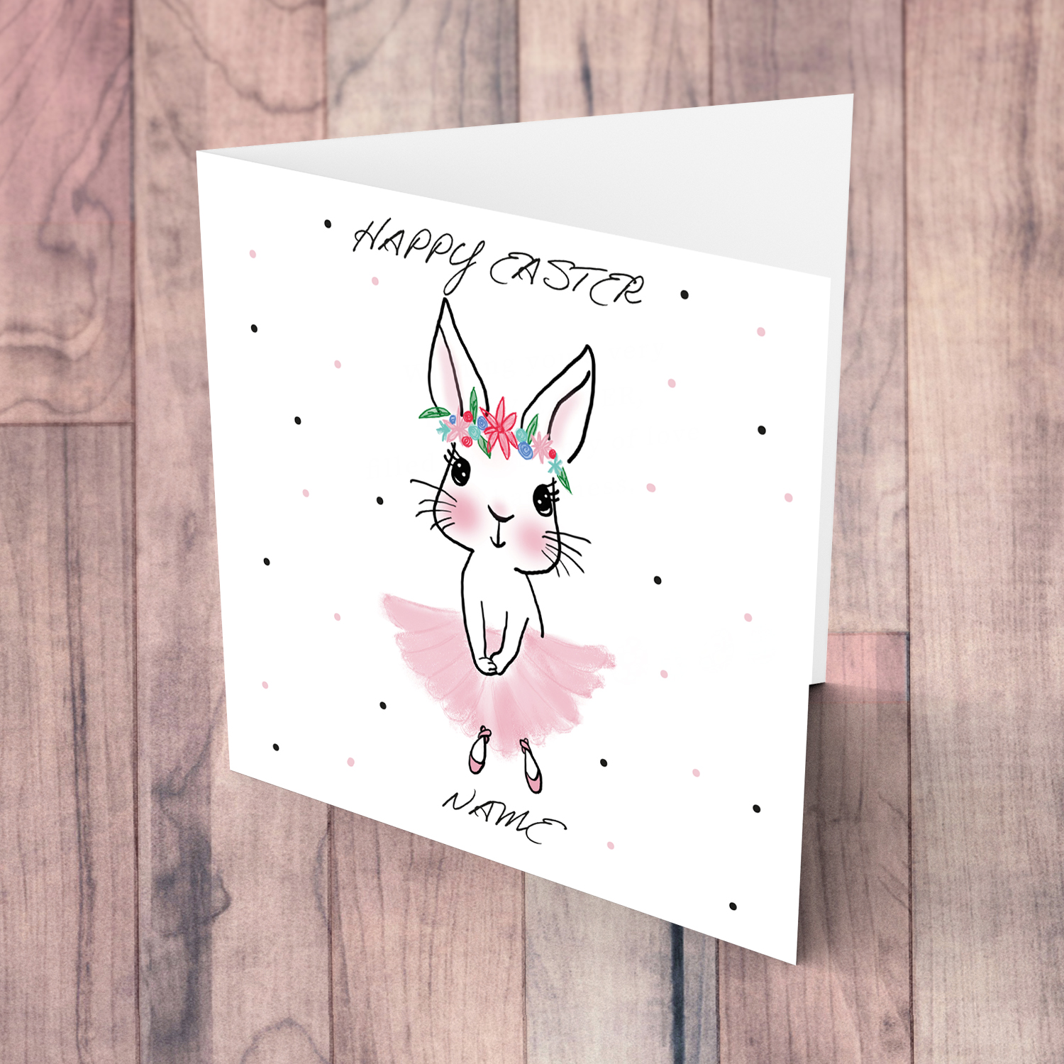 Cute bunny rabbit wearing tutu and flower crown with dots in the background personalisable Easter card in English