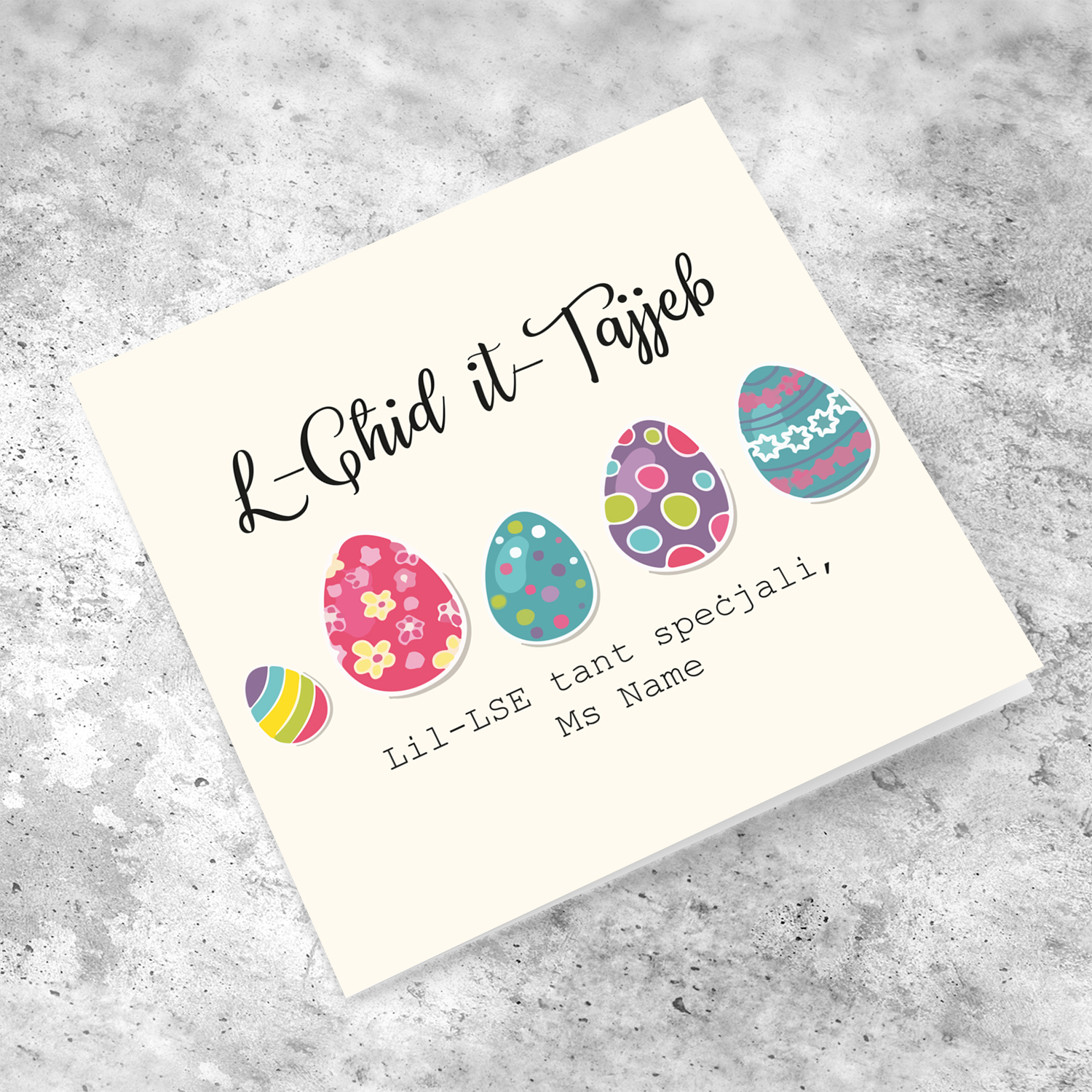 LSE - Colourful Easter eggs themed personalisable card in Maltese