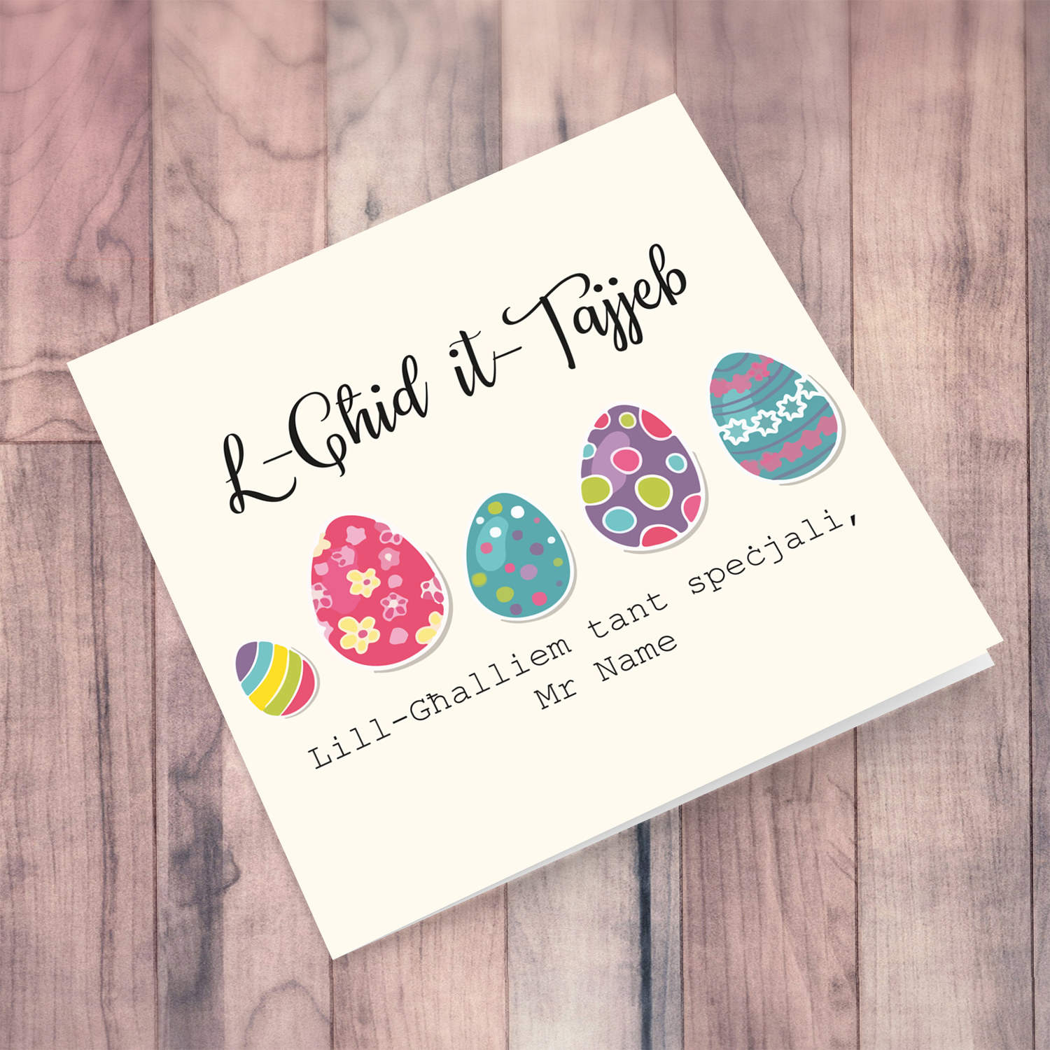 Teacher (Male) - Colourful Easter eggs themed personalisable card in Maltese
