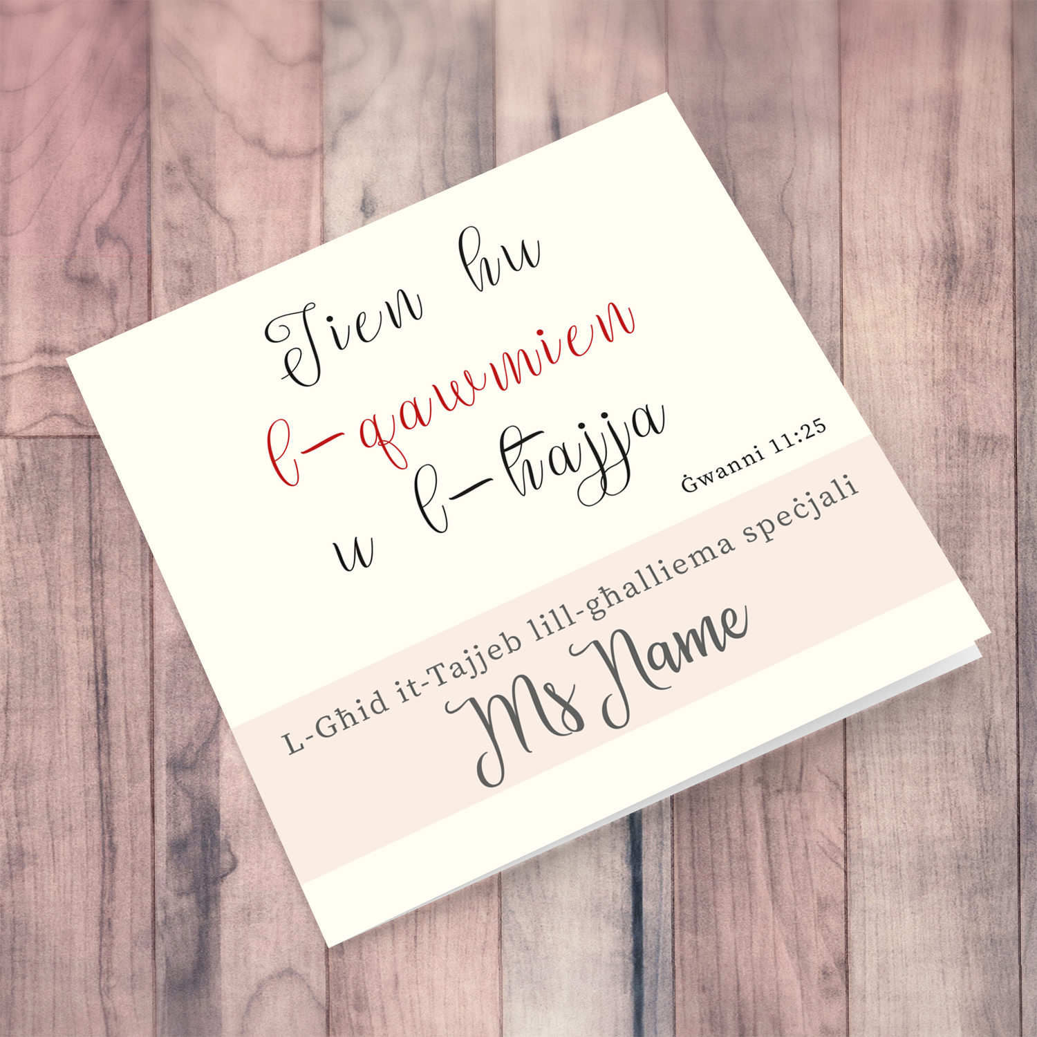 Teacher - Biblical verse Easter personalisable Card in Maltese (Female)