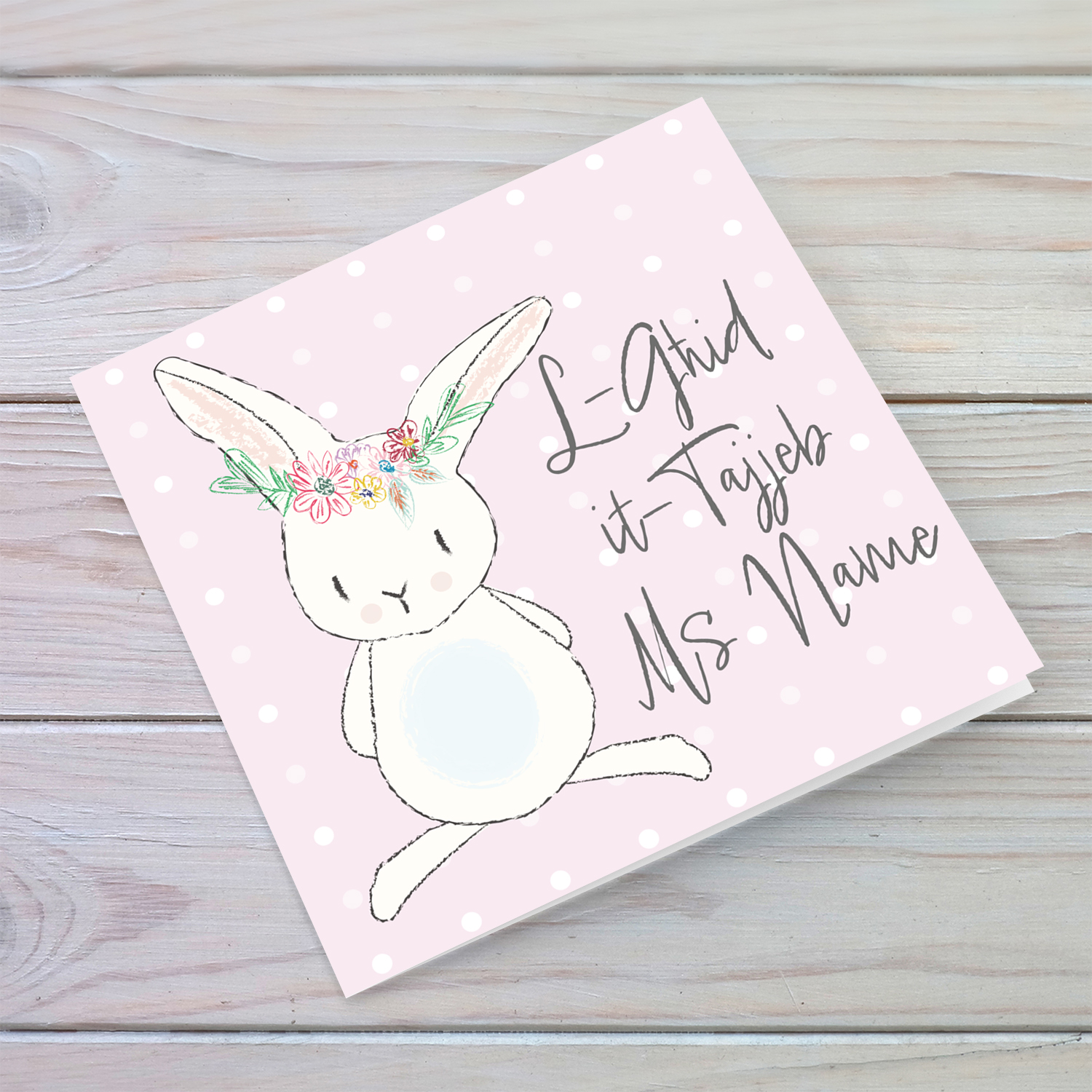 Bunny themed Easter personalisable card for teacher in Maltese with pink background and white polka dots