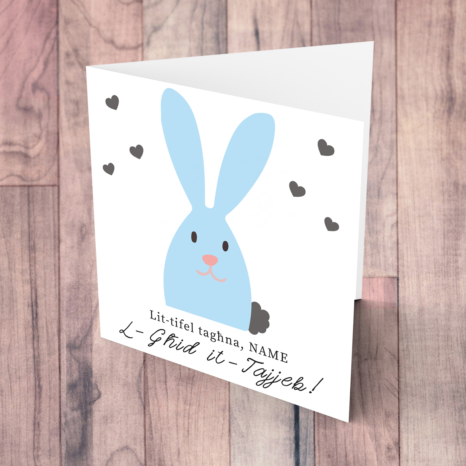 Son Easter personalisable card with cute blue bunny and scattered hearts in Maltese