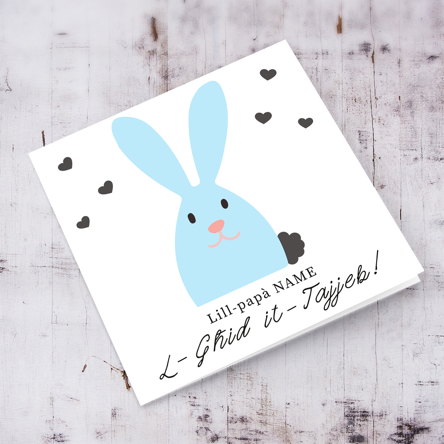 Dad Easter personalisable card with cute blue bunny and scattered hearts in Maltese