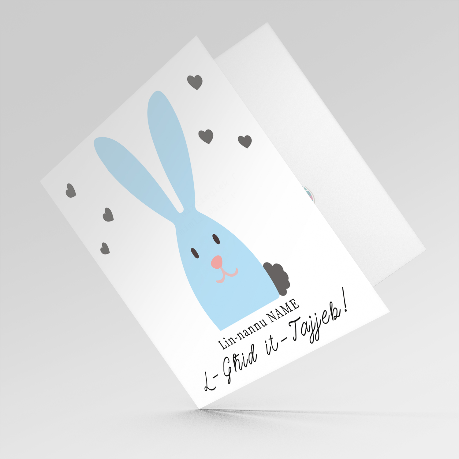 Grandpa Easter personalisable card with cute blue bunny and scattered hearts in Maltese