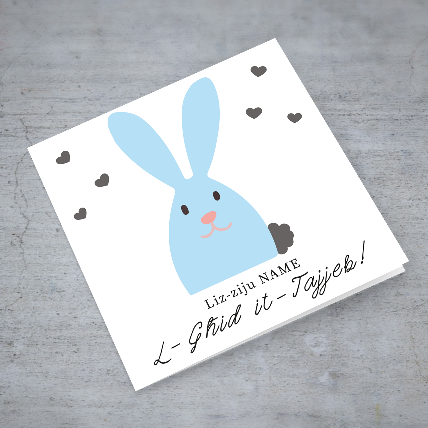 Uncle Easter personalisable card with cute blue bunny and scattered hearts in Maltese