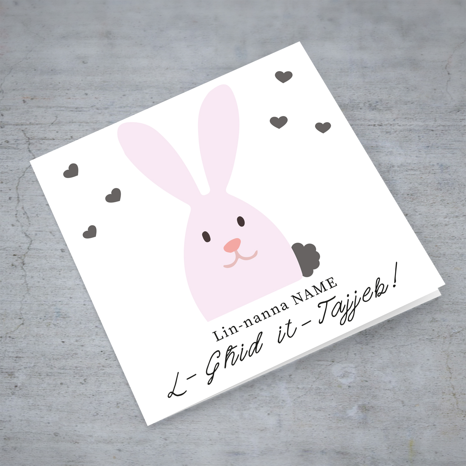 Grandmother Easter personalisable card with cute pink bunny and scattered hearts in Maltese