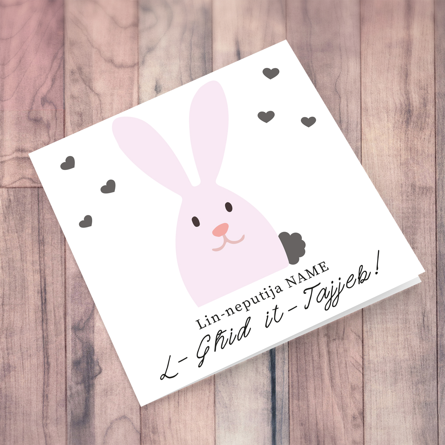 Niece Easter personalisable card with cute pink bunny and scattered hearts in Maltese