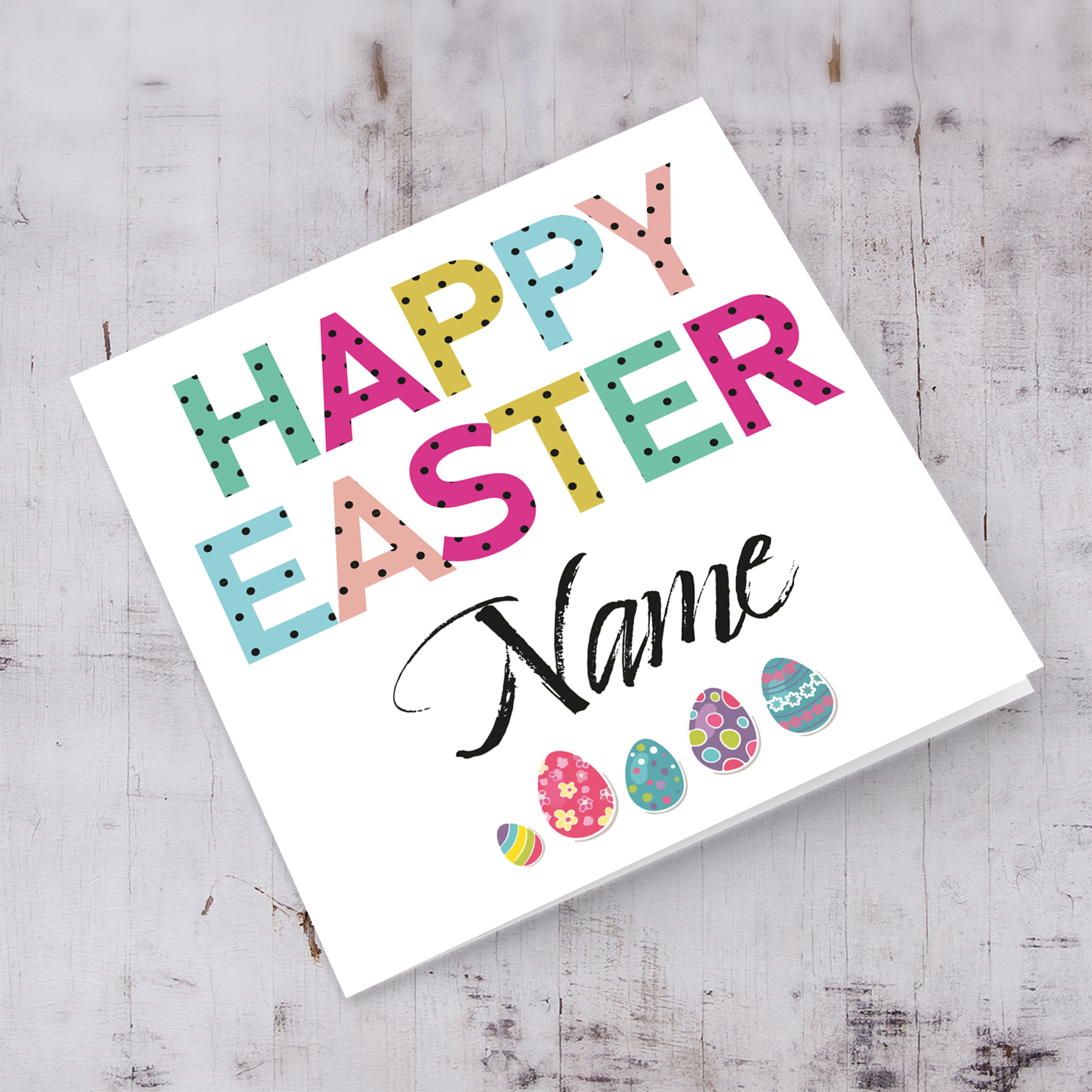 Colourful Easter card with easter eggs in English (Personalisable)