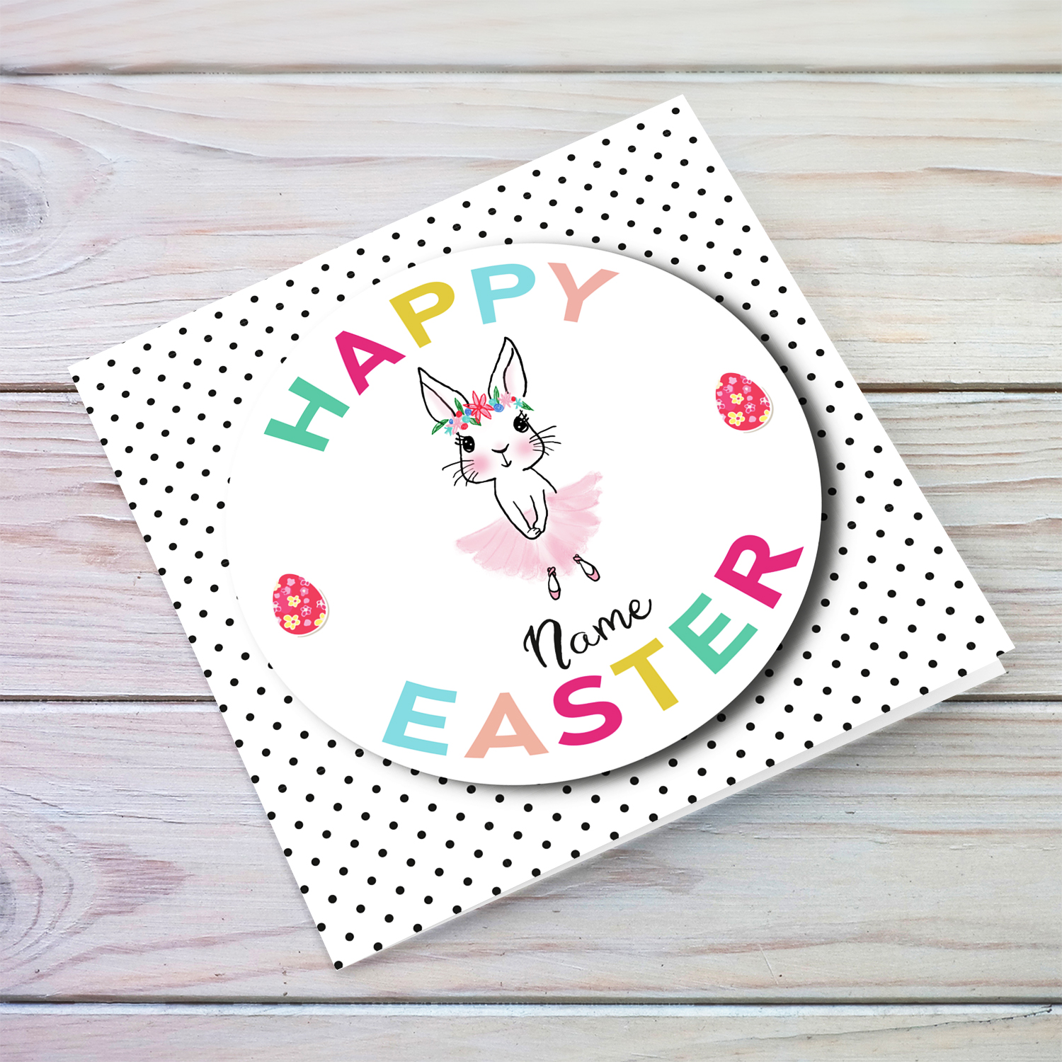 Cute bunny Easter card with colourful text and polka dotted background in English (Personalisable)