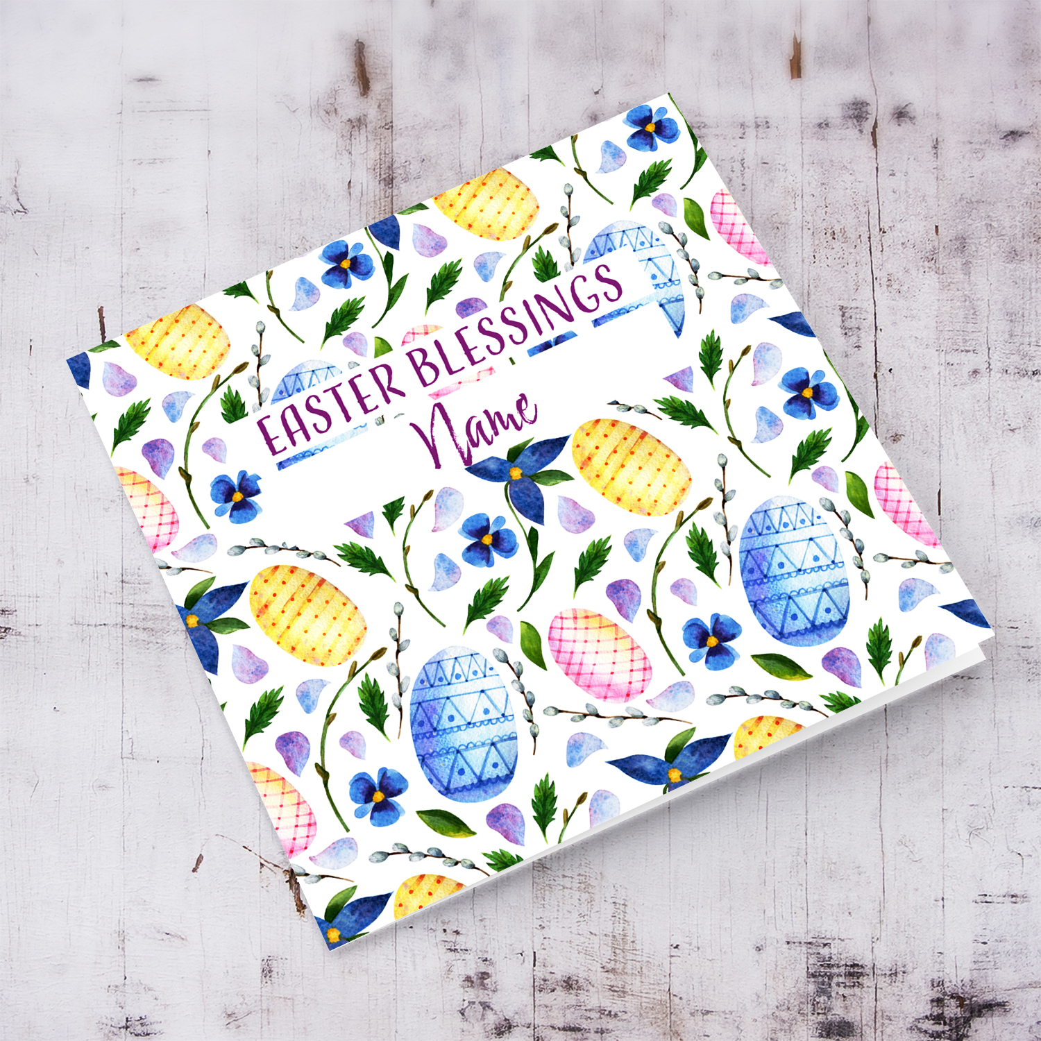 Colourful Easter card in easter egg themed background in blue tones - English (Personalisable)