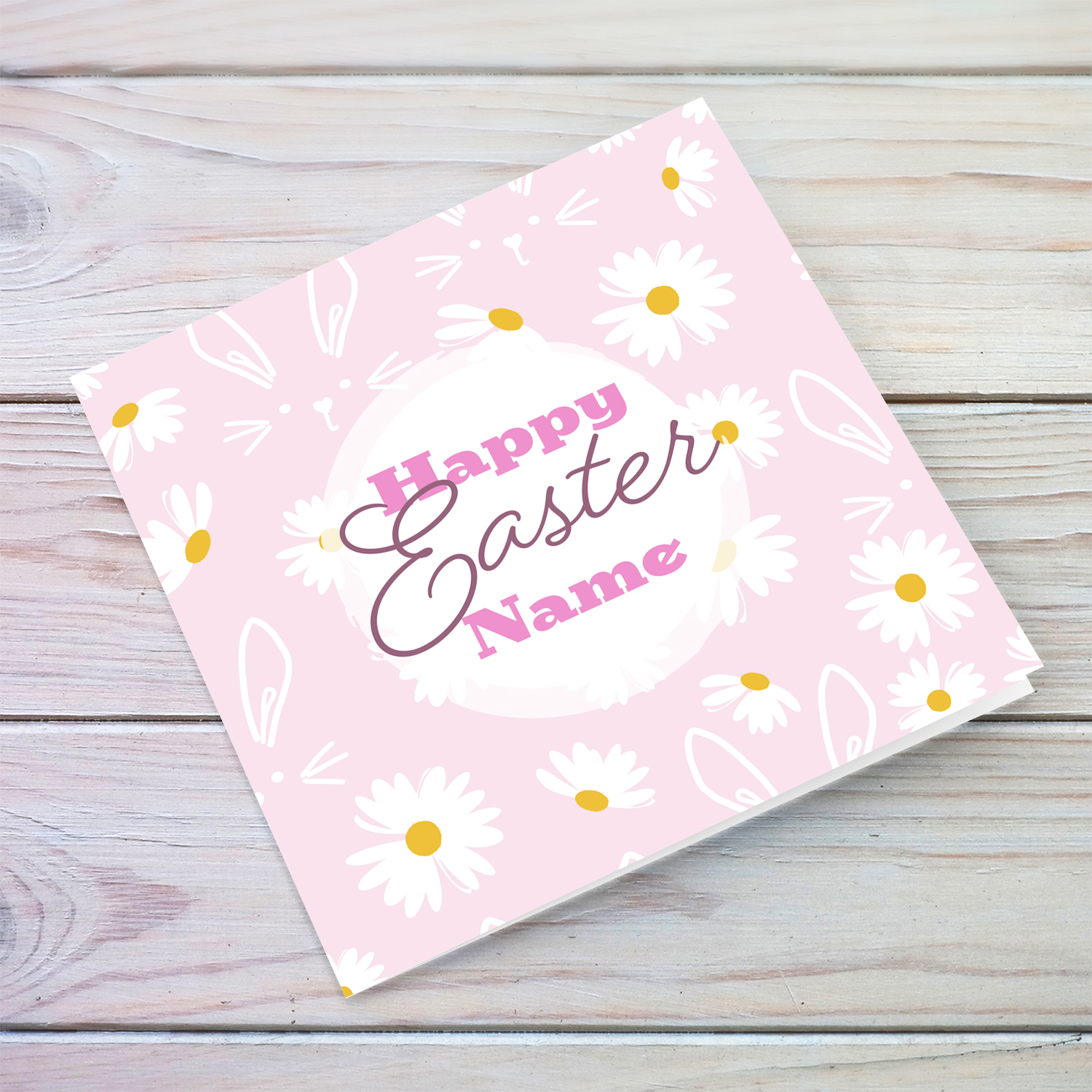 Light pink background Easter card with cute bunny and white flowers in English