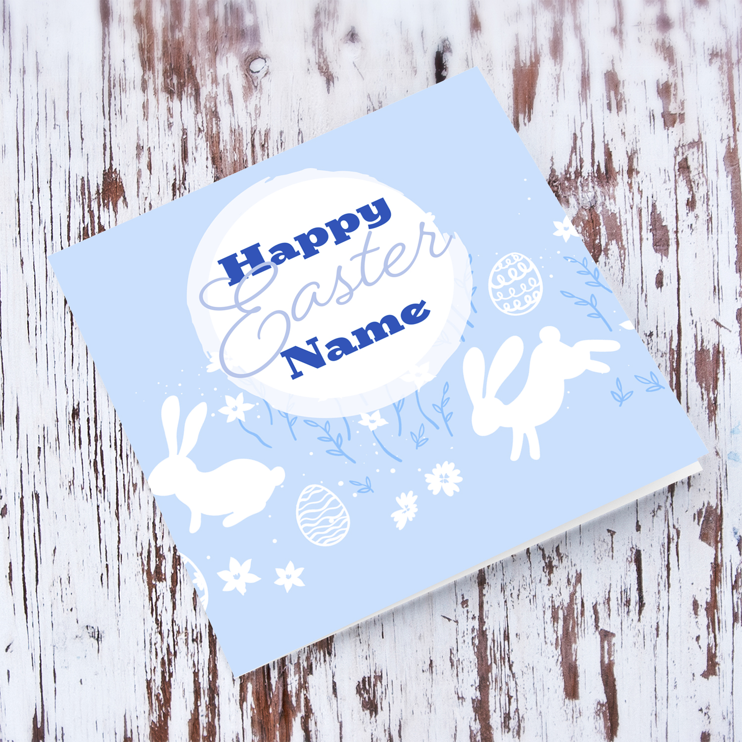 Cute Easter card in light blue background and white rabbits in English (Personalisable)