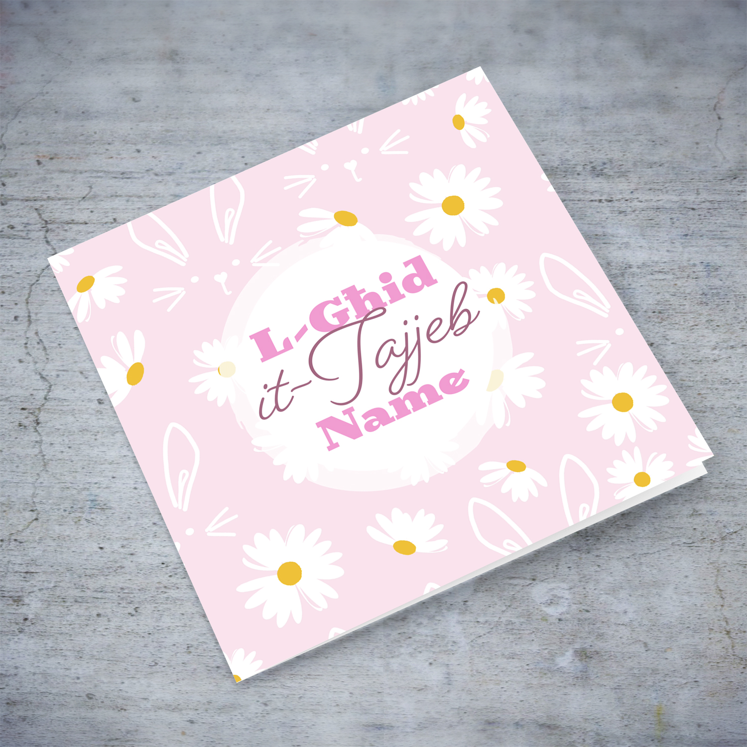 Light pink background Easter card with cute bunny and white flowers in Maltese 