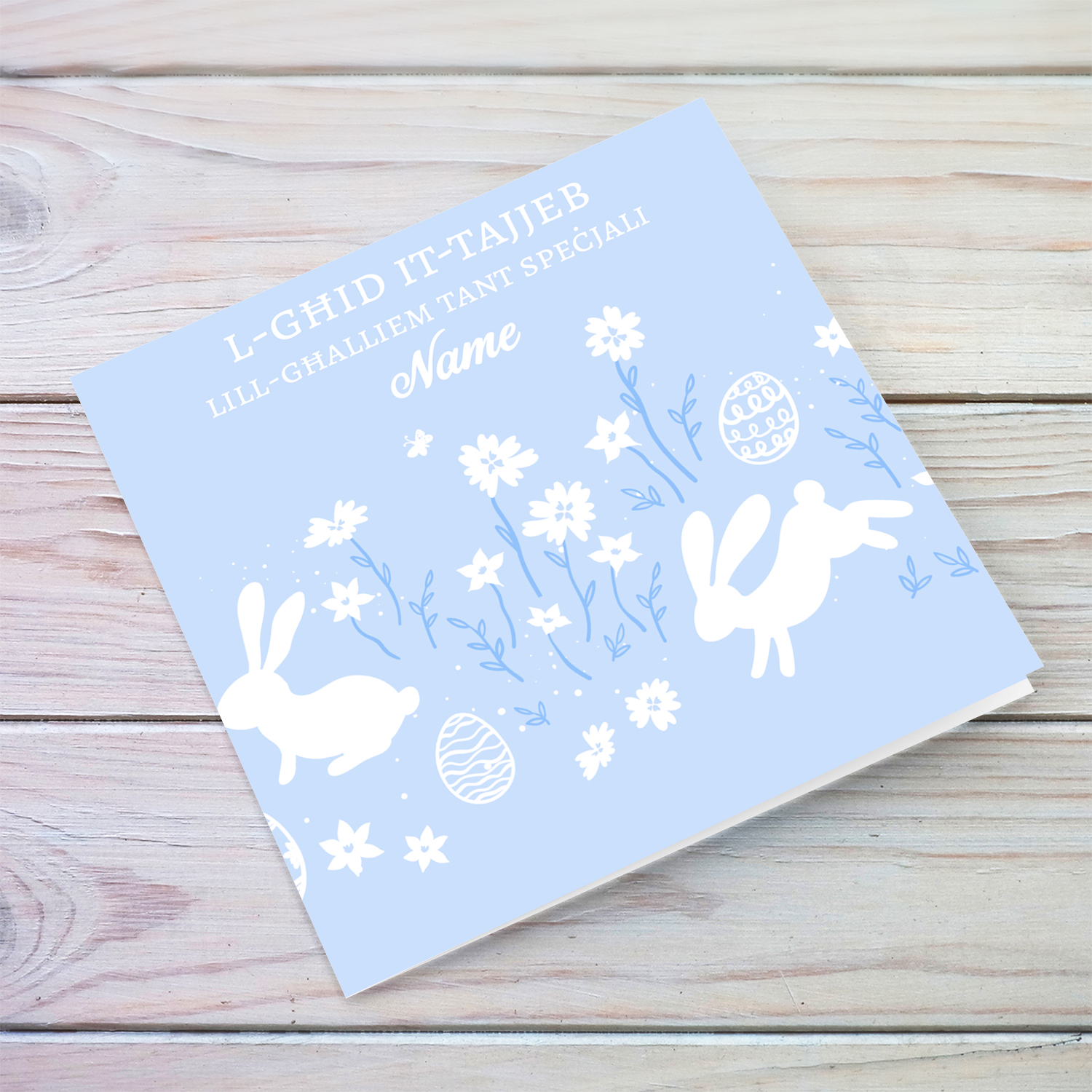 Cute Easter card for teacher (MALE) in light blue background and white rabbits in Maltese (Personalisable)