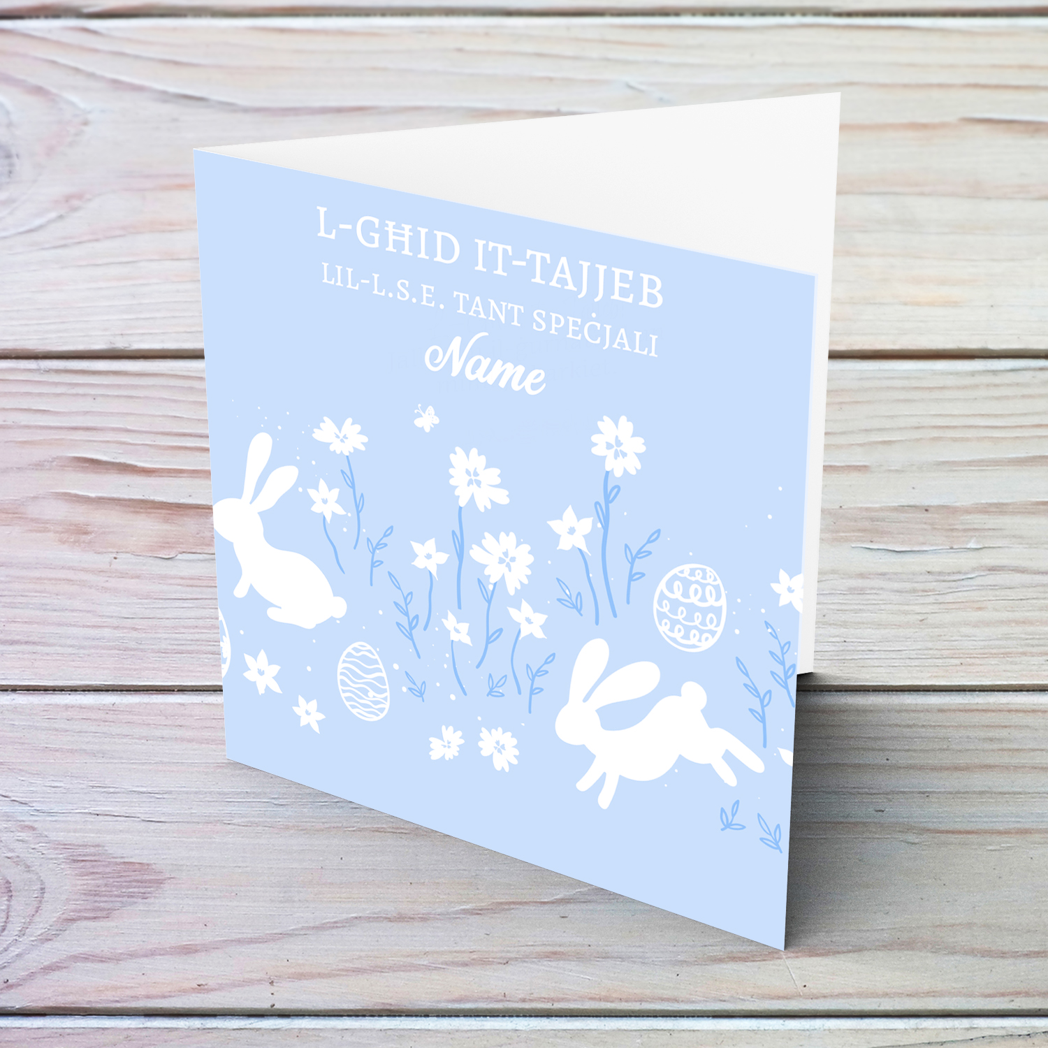 Cute Easter card for LSE in light blue background and white rabbits in Maltese (Personalisable)