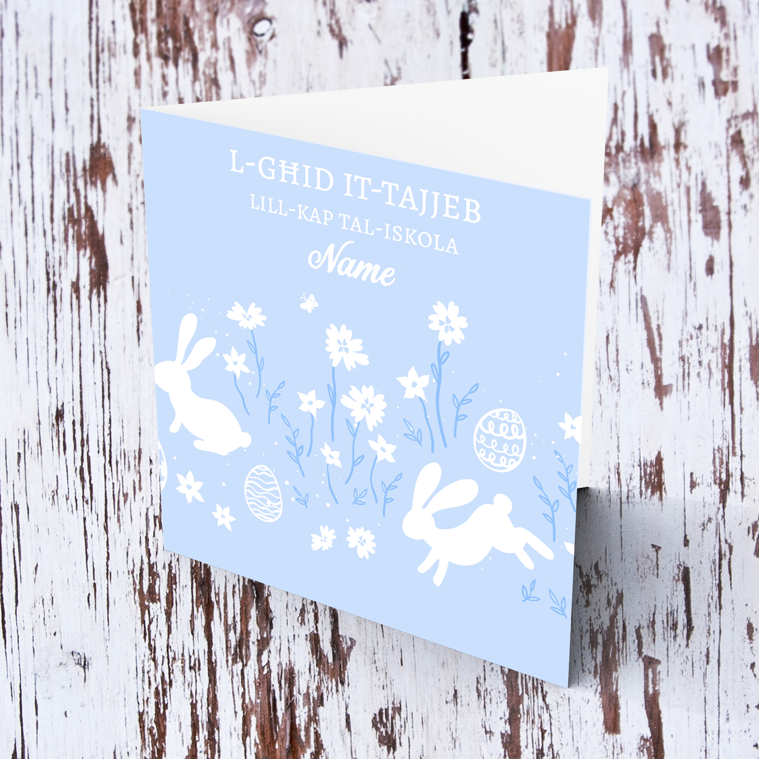 Cute Easter card for Head of School in light blue background and white rabbits in Maltese (Personalisable)