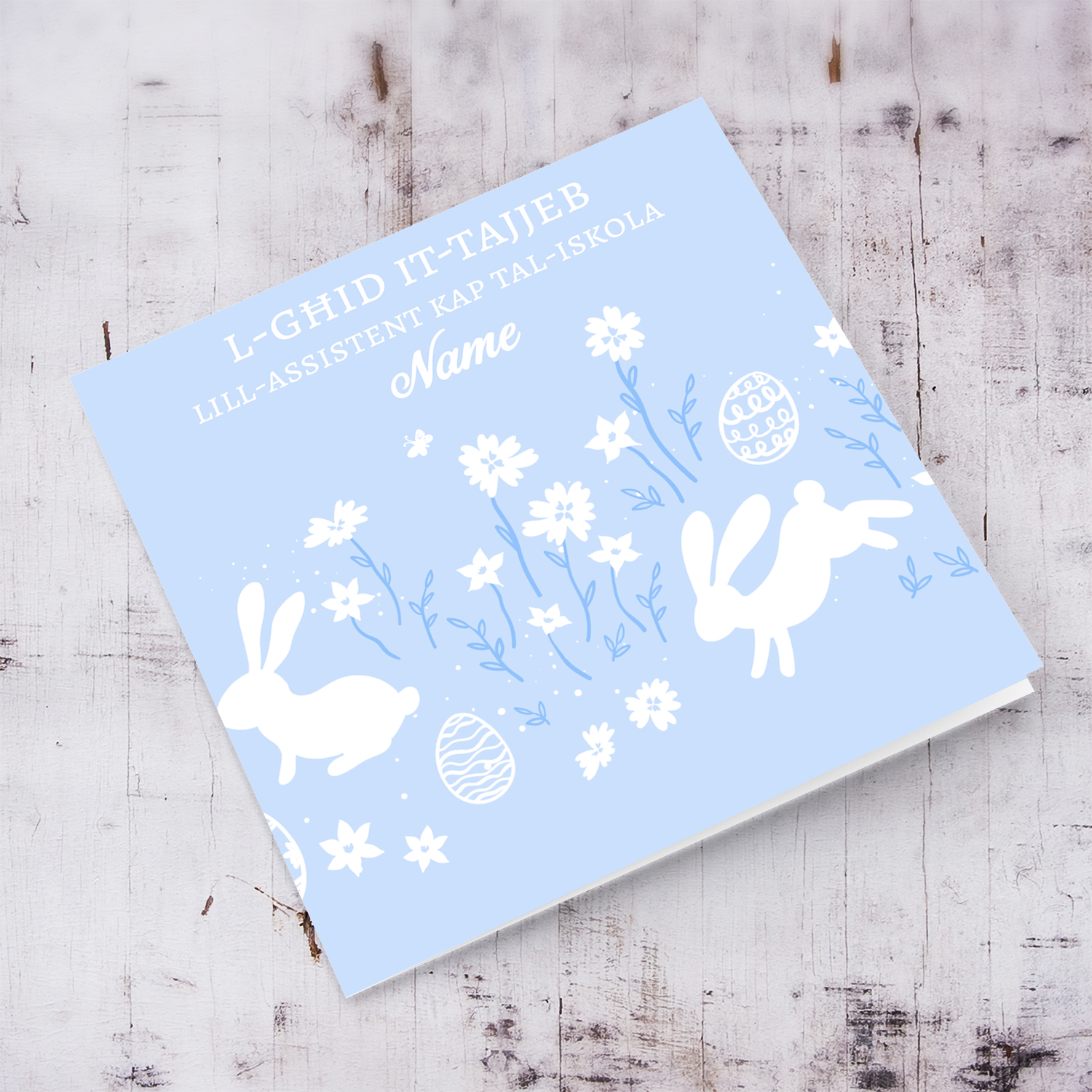 Cute Easter card for Assistant Head of School in light blue background and white rabbits in Maltese (Personalisable)