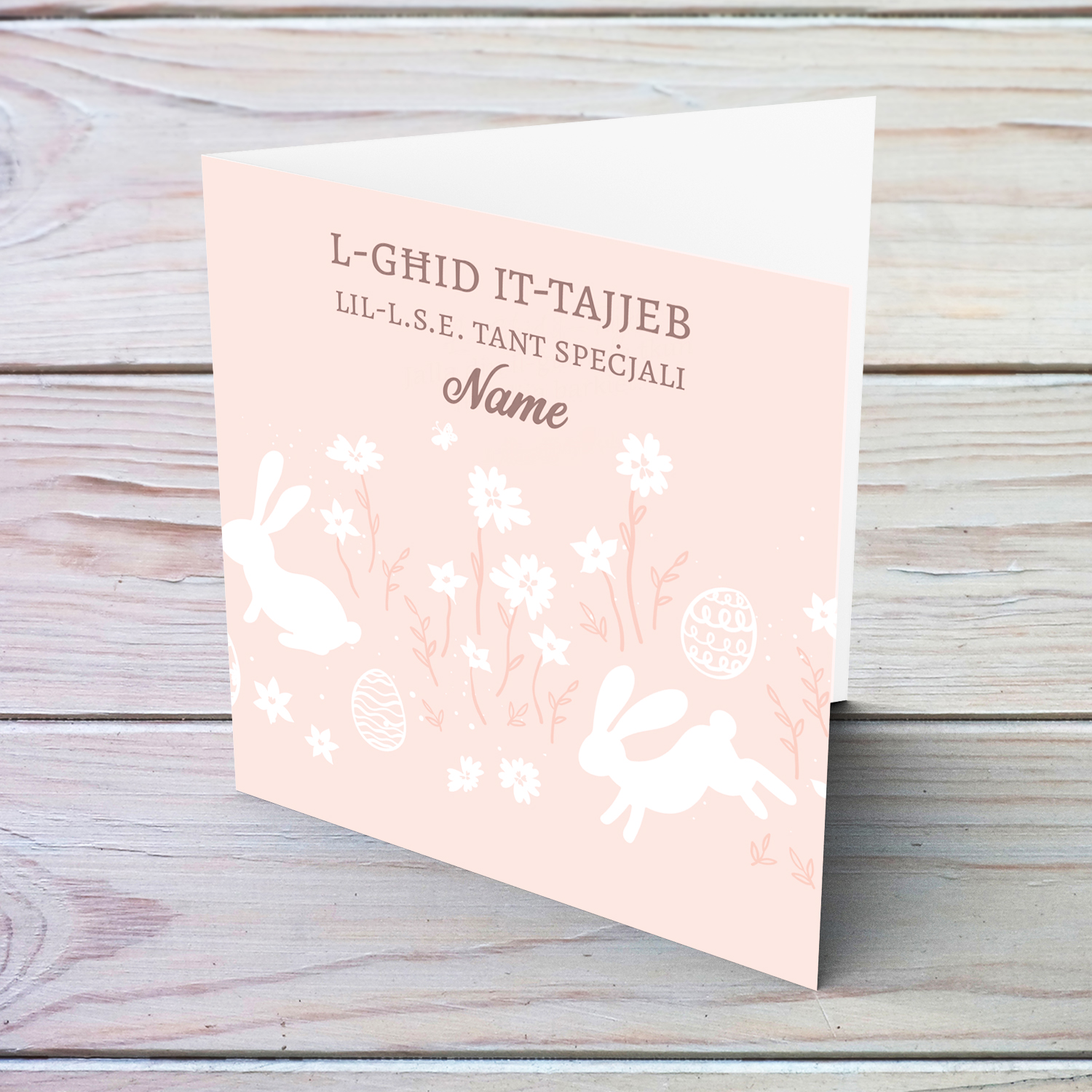 Cute Easter card for LSE in light pink background and white rabbits in Maltese (Personalisable)
