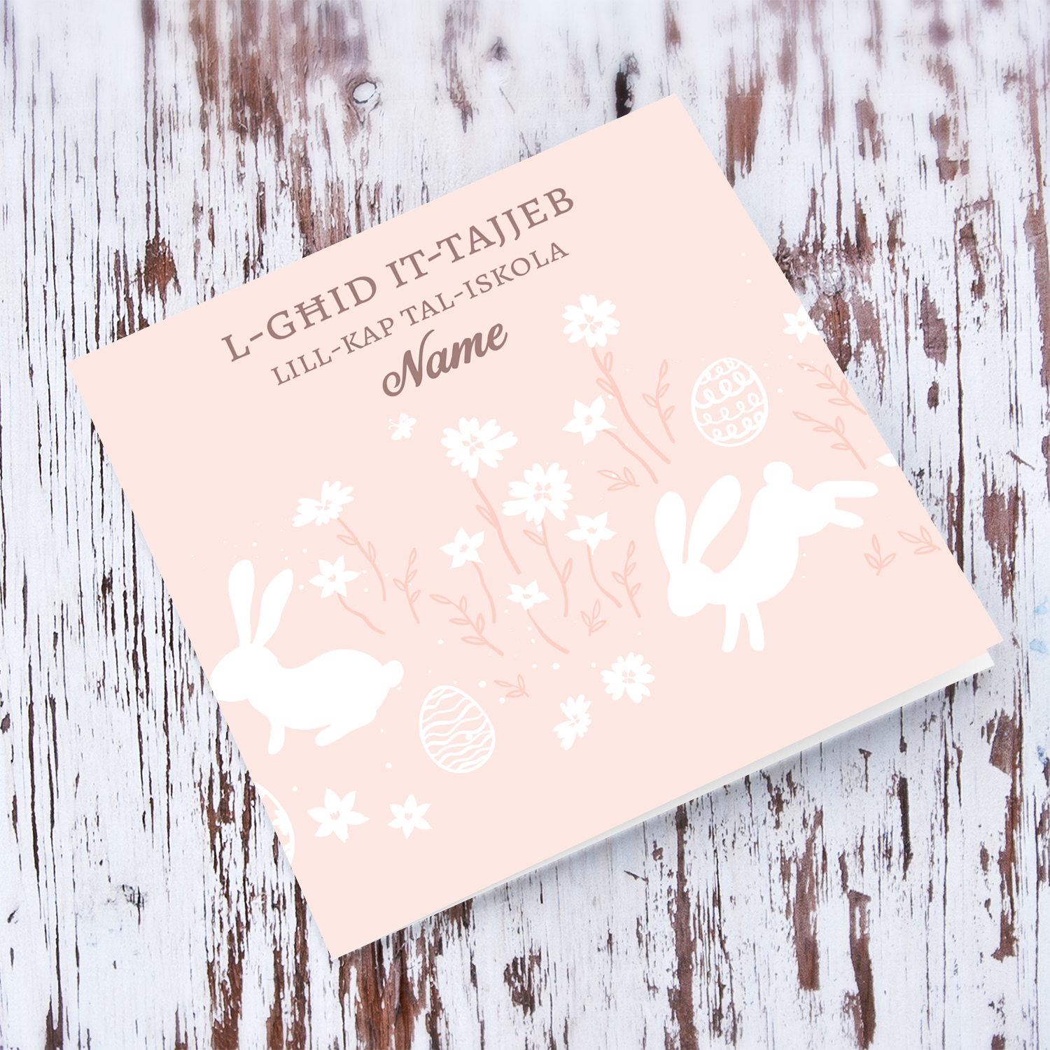 Cute Easter card for Head of School in light pink background and white rabbits in Maltese (Personalisable)