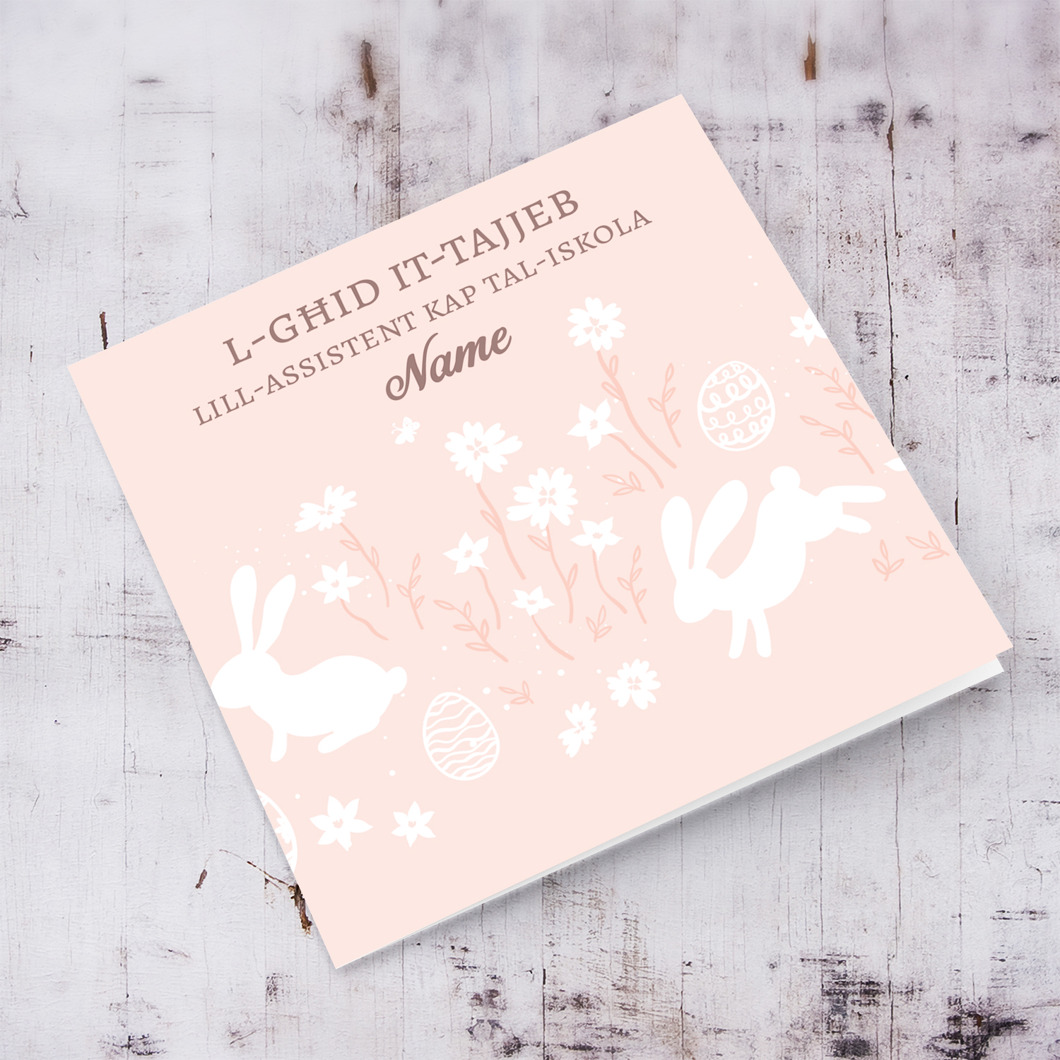 Cute Easter card for Assistant Head of School in light pink background and white rabbits in Maltese (Personalisable)
