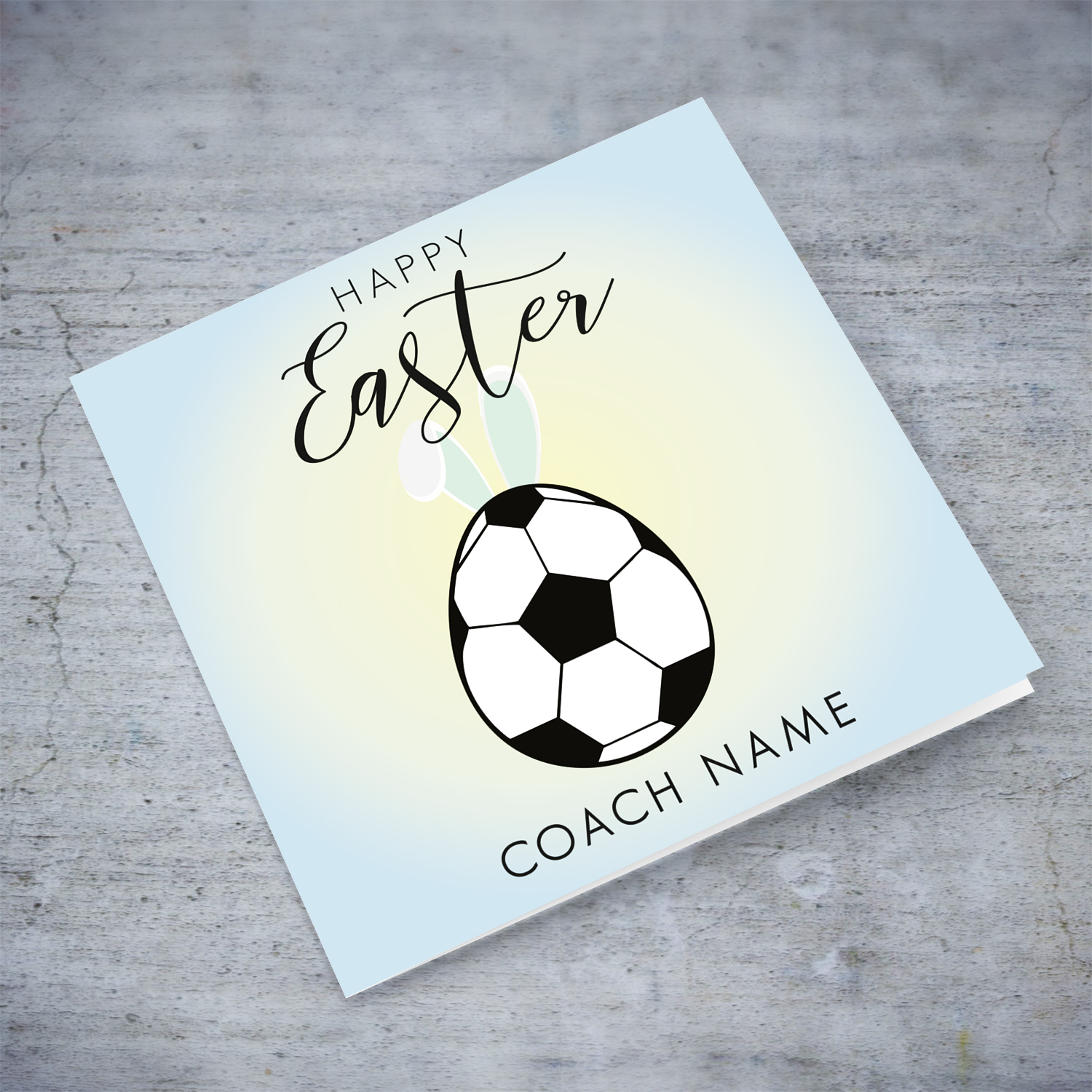 A colourful Easter Card with a light gradient background for football coach, with ball shaped as Easter Egg in English (Personalisable)