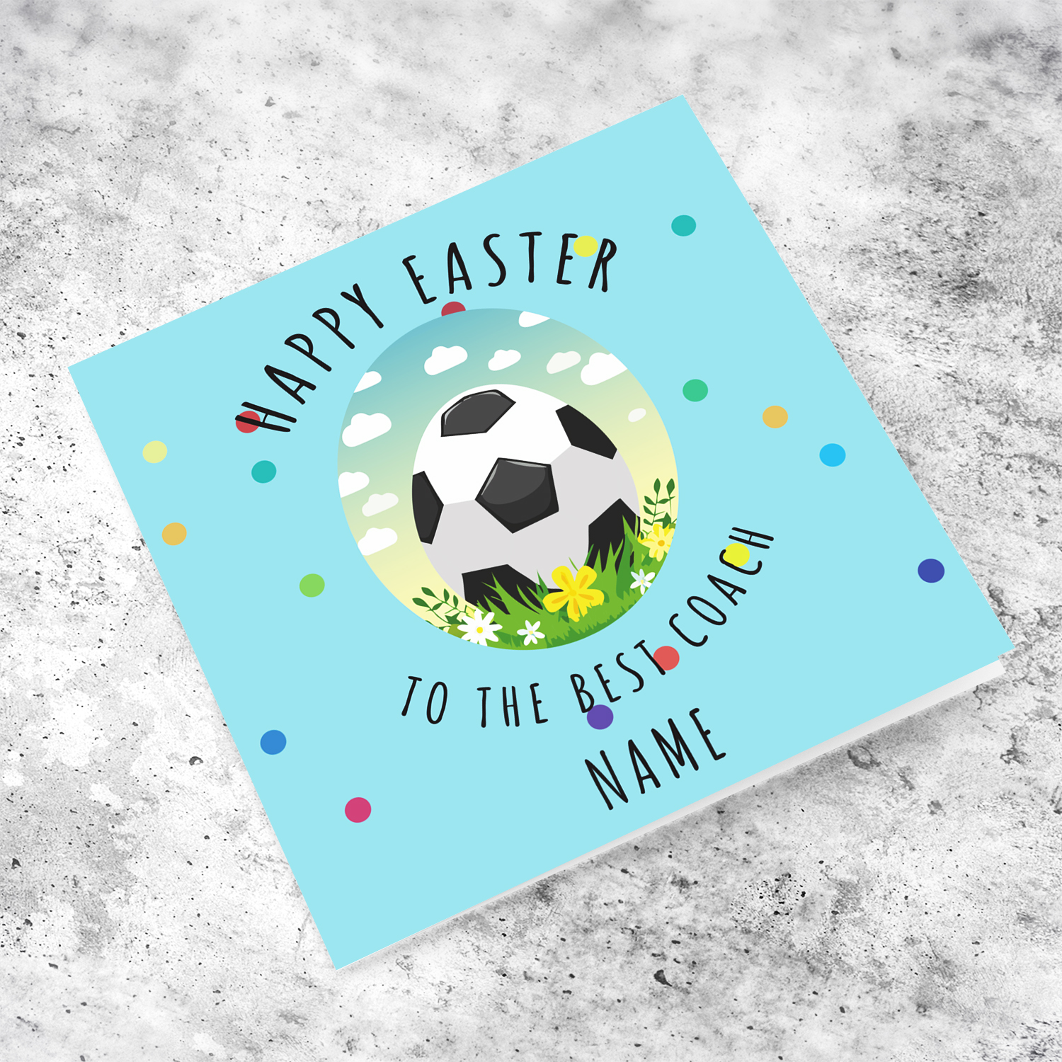 A colourful Easter Card with a light blue background to the best football coach, with ball shaped as Easter Egg in English (Personalisable)