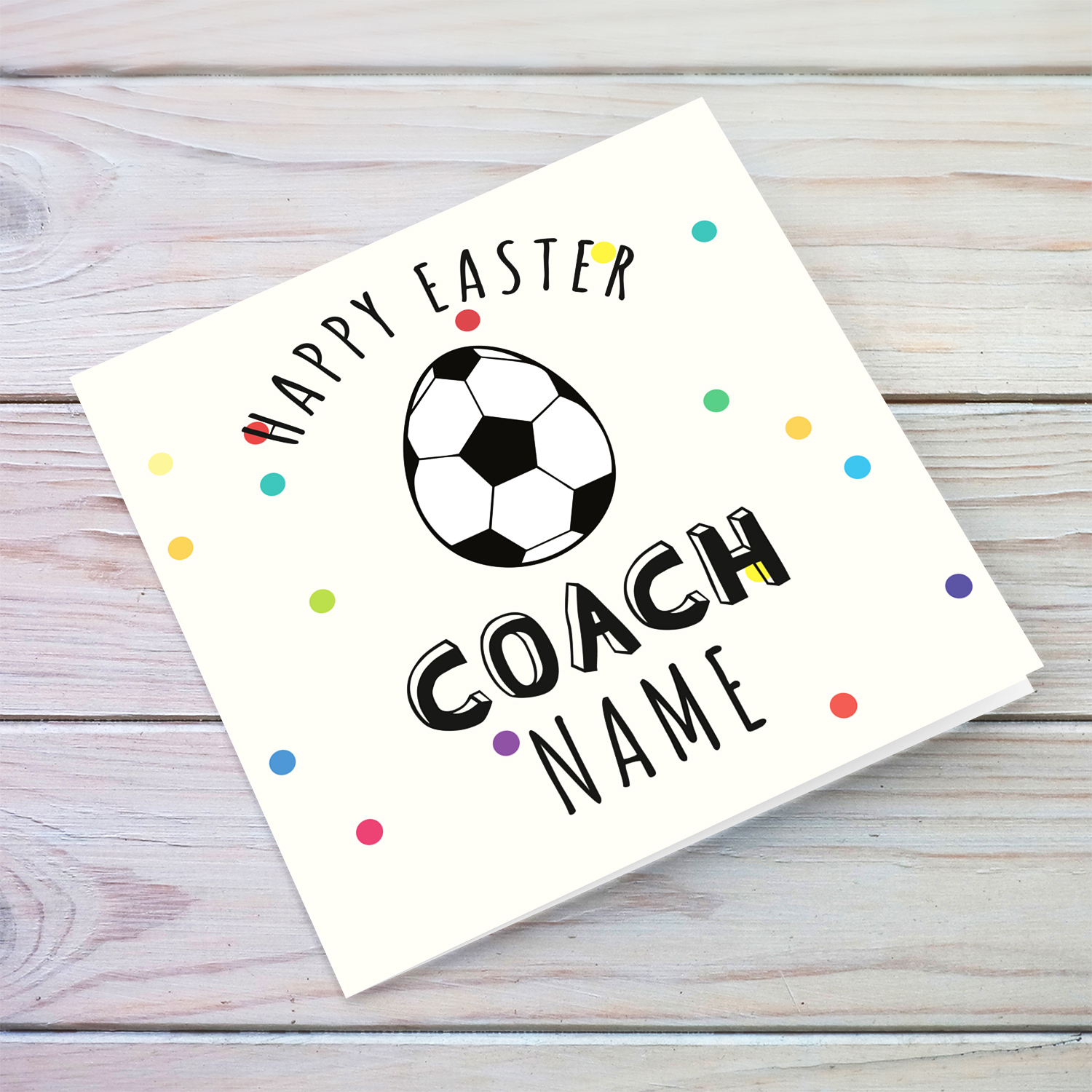 A colourful Easter Card with a light background for football coach, with ball shaped as Easter Egg in English (Personalisable)