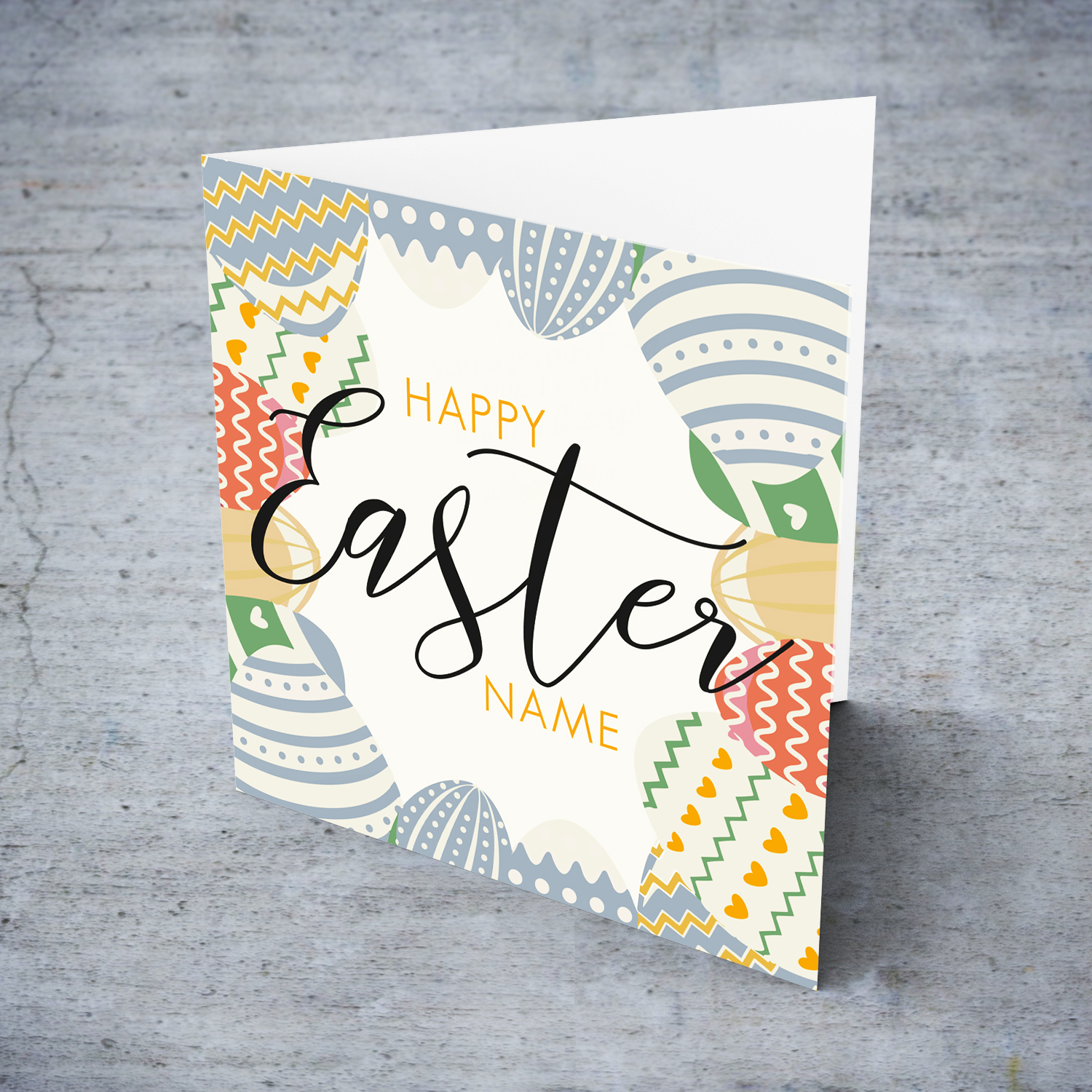 A colourful gray themed easter egg card in English (Personalisable)