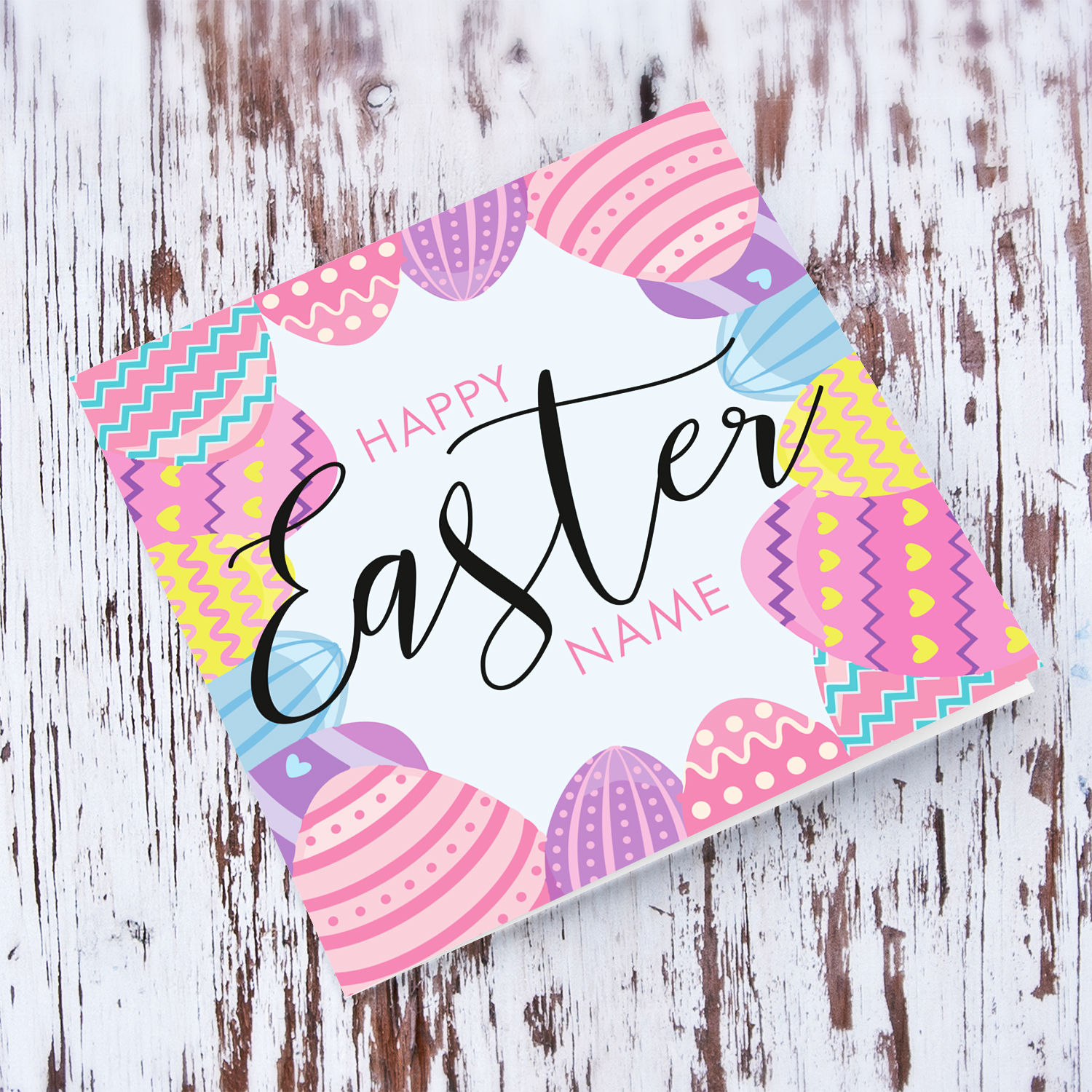 A colourful pink themed easter egg card in English (Personalisable)
