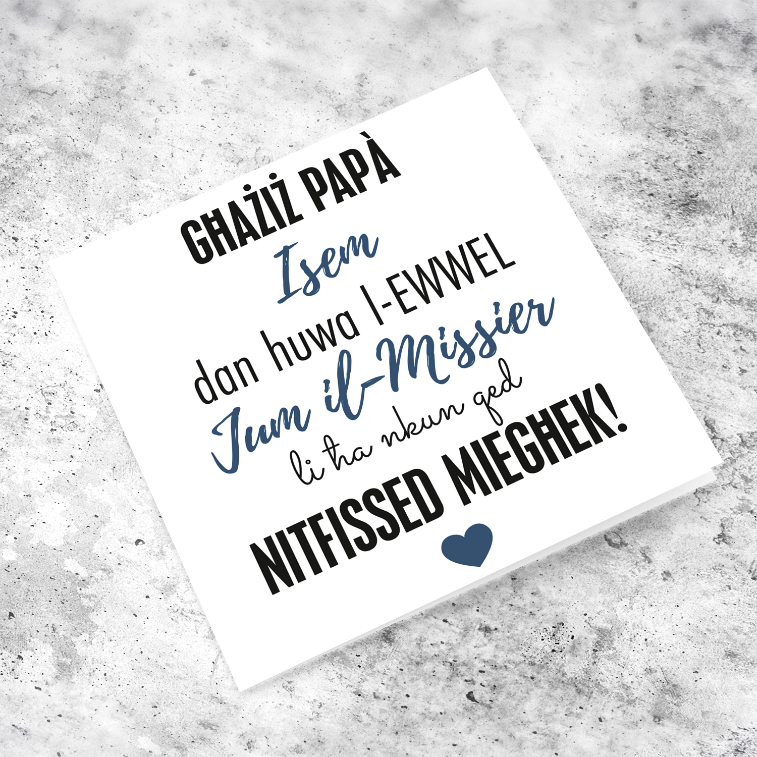 First father's day in blue and black wording in Maltese (personalisable)