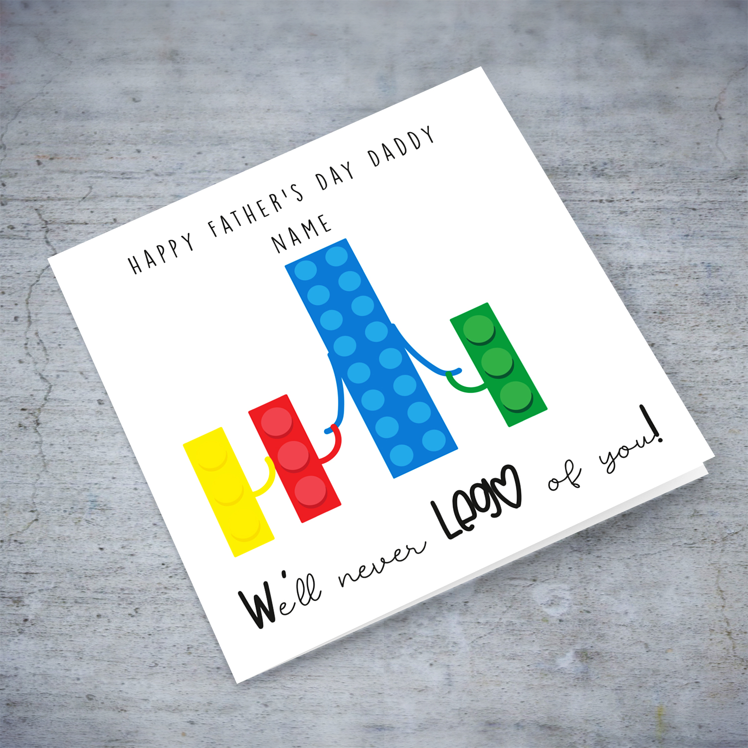 Lego themed personalisable father's day card in blue and green - We'll never LEGO of you! in English (3 children plural)