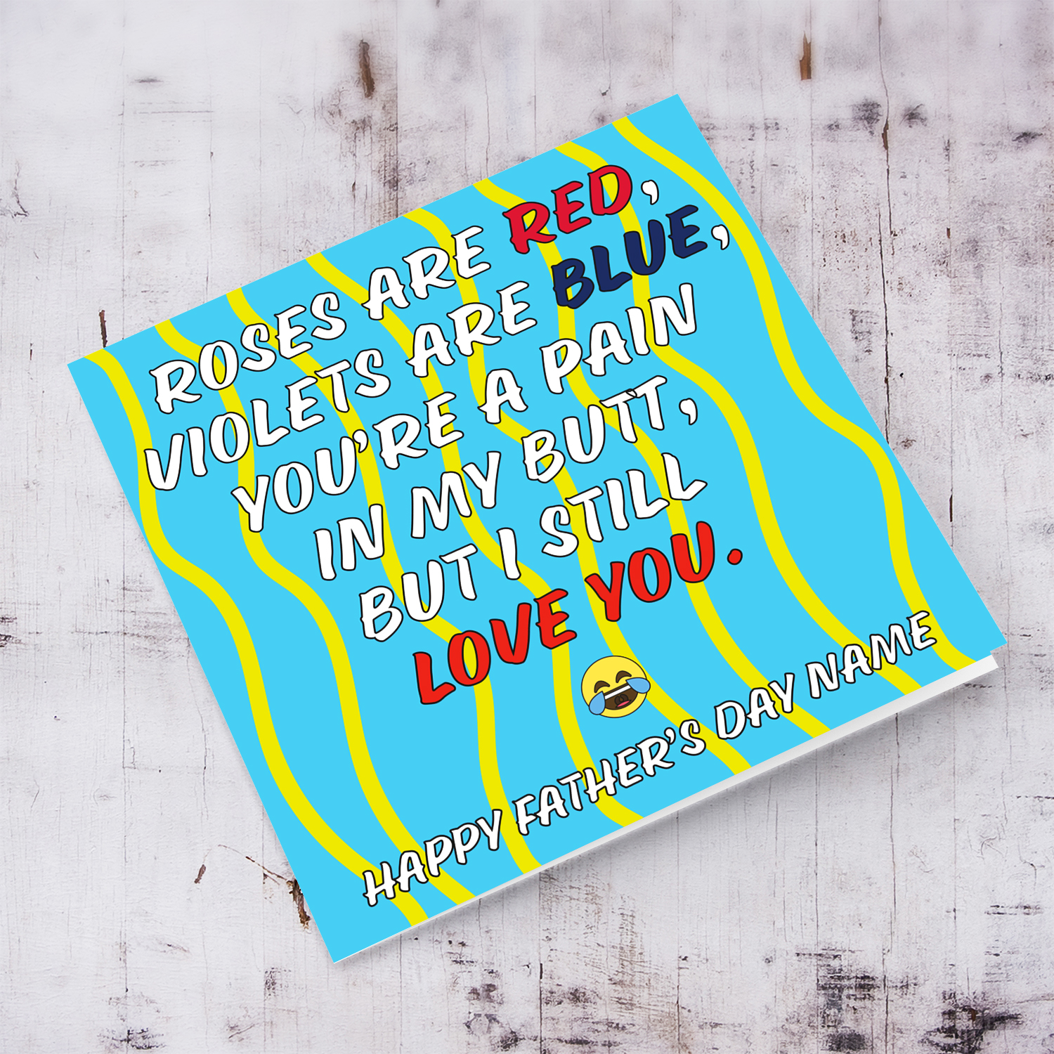 Funny father's day card in a colourful background with laughing emoji in English (Personalisable)