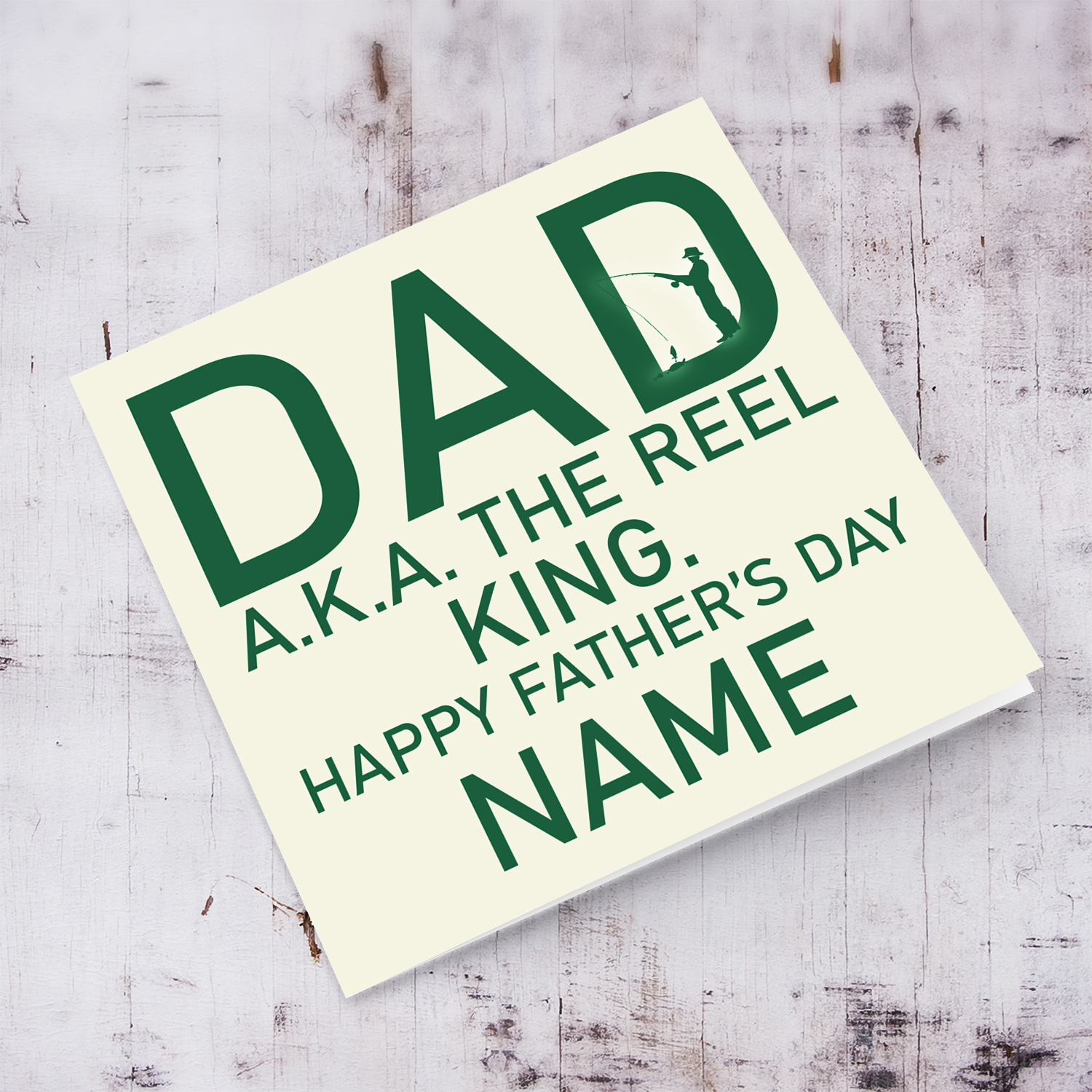 Funny father's day card in light background and green text - Dad A.K.A. the reel king in English (Personalisable)