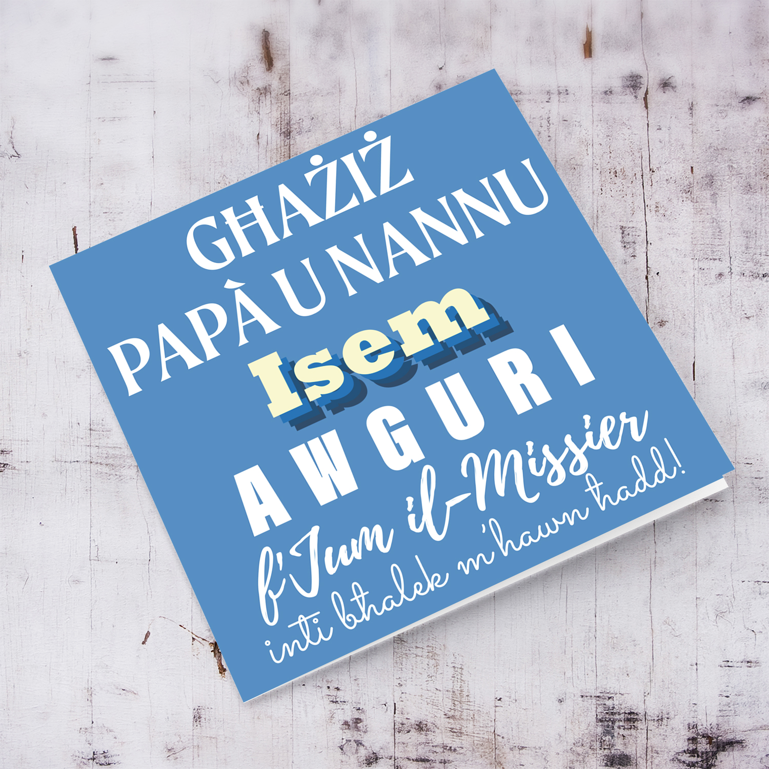 A light blue background with scattered white hearts father's day card for Dad & grandpa in Maltese (Personalisable)