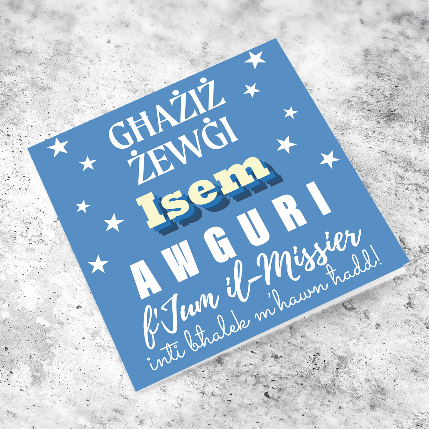 A light blue background with scattered white hearts father's day card for husband in Maltese (Personalisable)