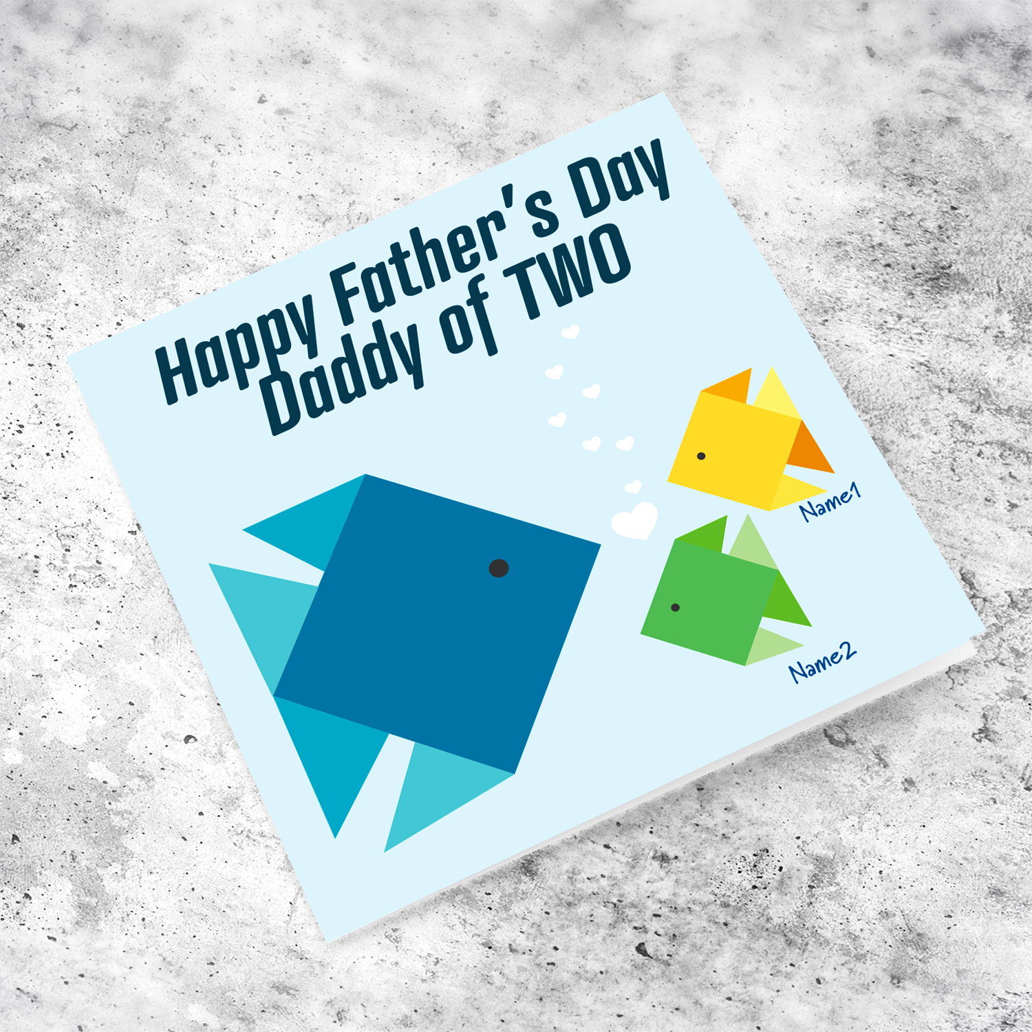 A cute father's day card featuring daddy fish and 2 small fish in English (Personalisable) 