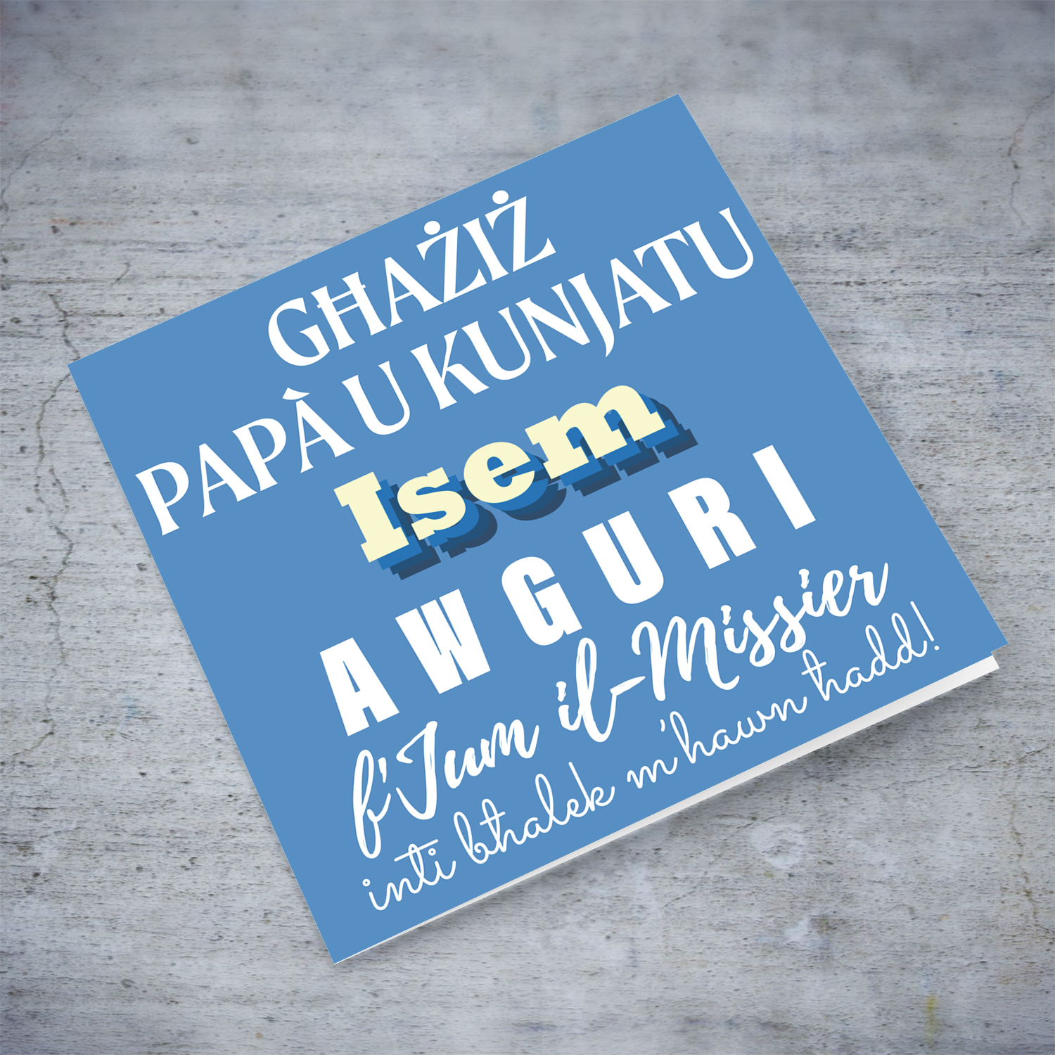 A light blue background with scattered white hearts father's day card for dad & father in law in Maltese (Personalisable)