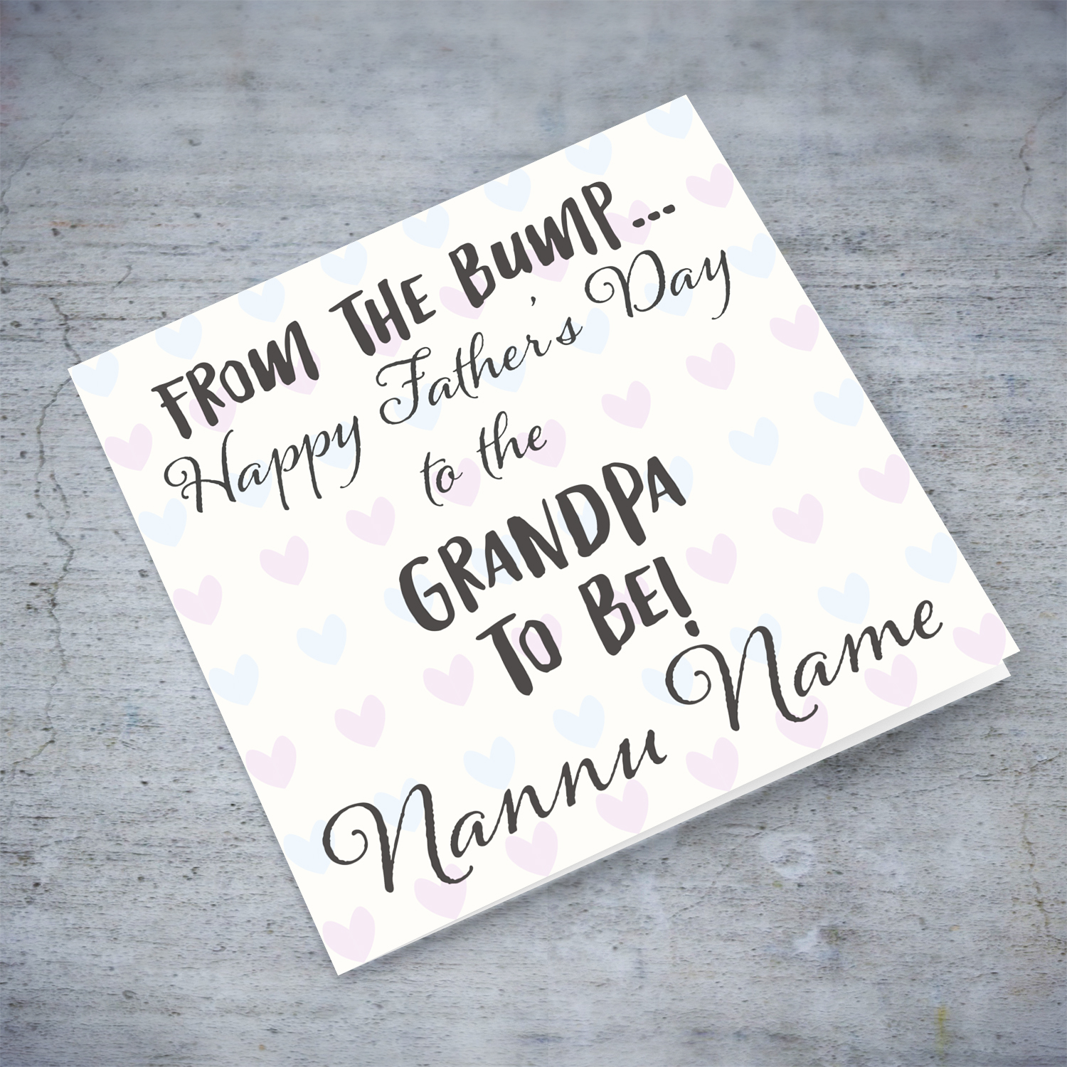 Father's day personalisable card for grandpa to be from the bump with pink and blue hearts in English