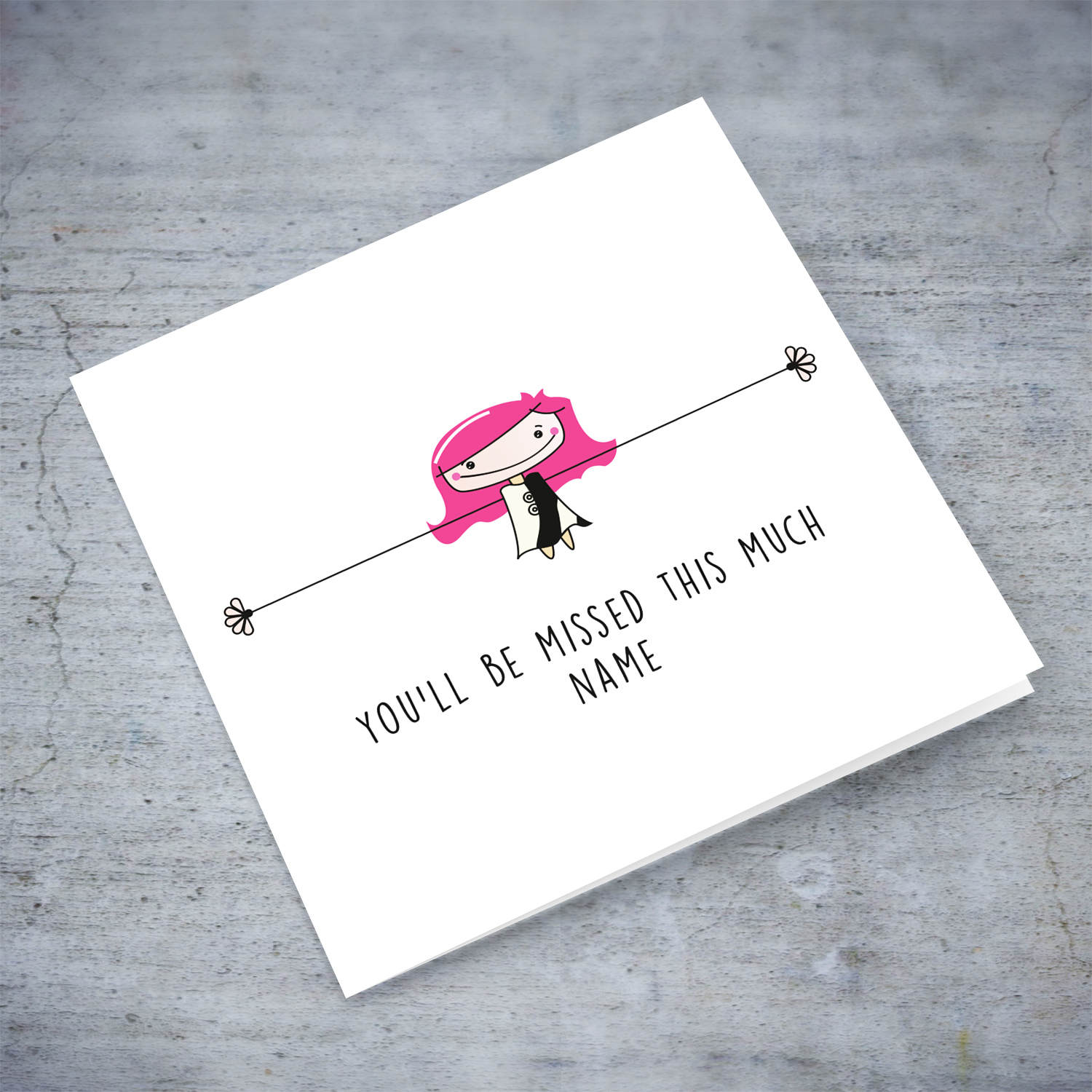 Cute farewell or retirement personalisable card with girl holding our her arms in English