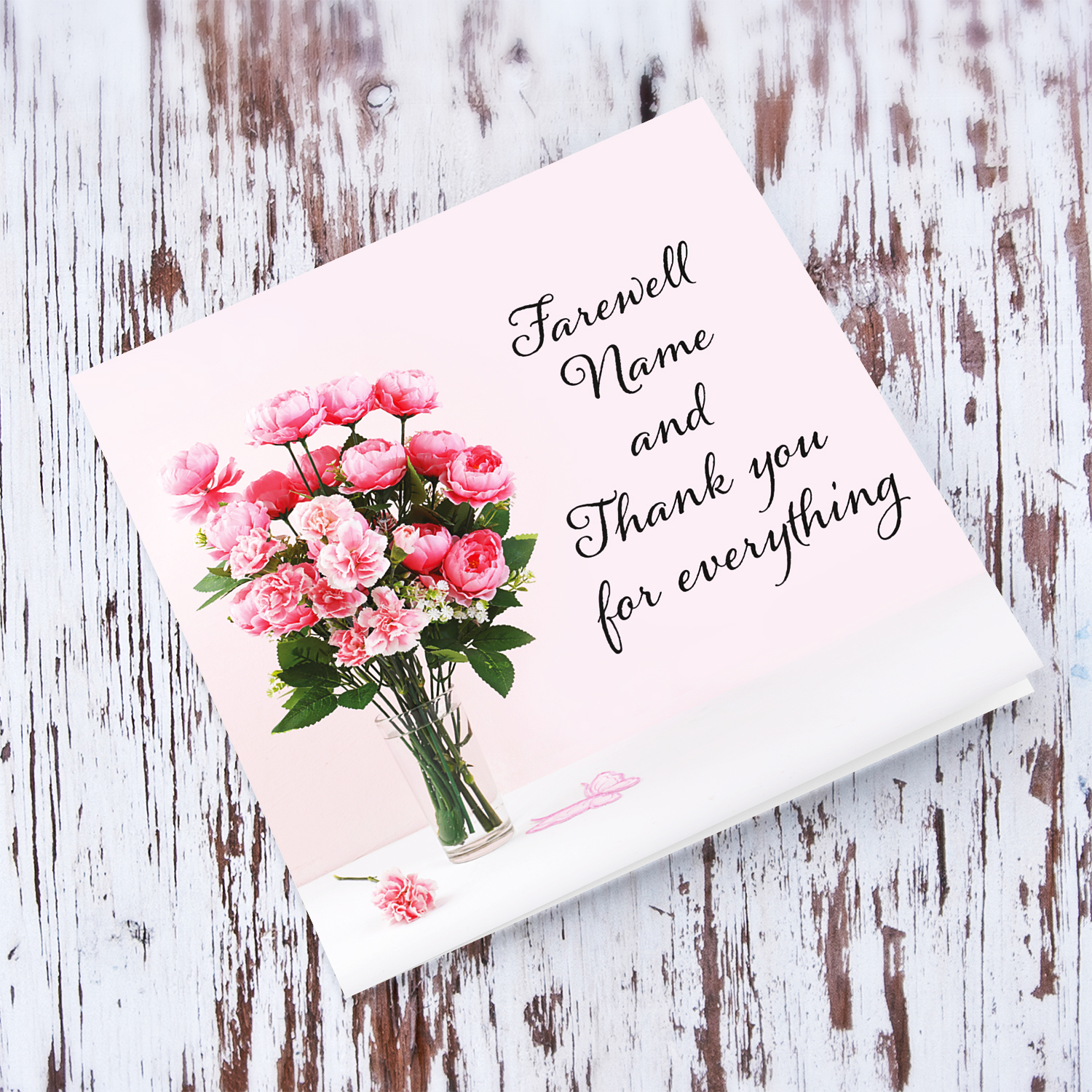 Pink flower vase farewell card in English (Personalisable)