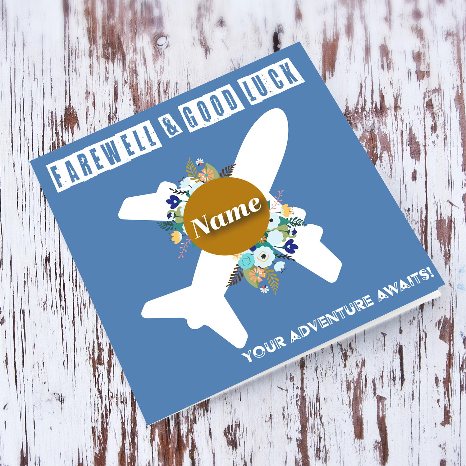 Farewell and good luck greeting card in blue background, with a white plane, blue flowers (personalisable) in English
