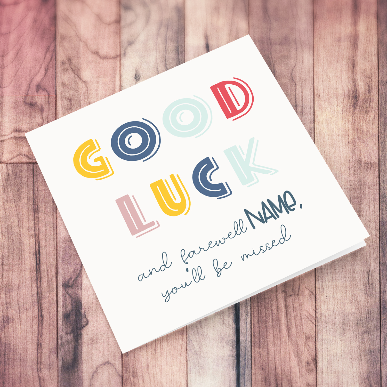 A colourful good luck and farawell card in light colours in English (Personalisable)
