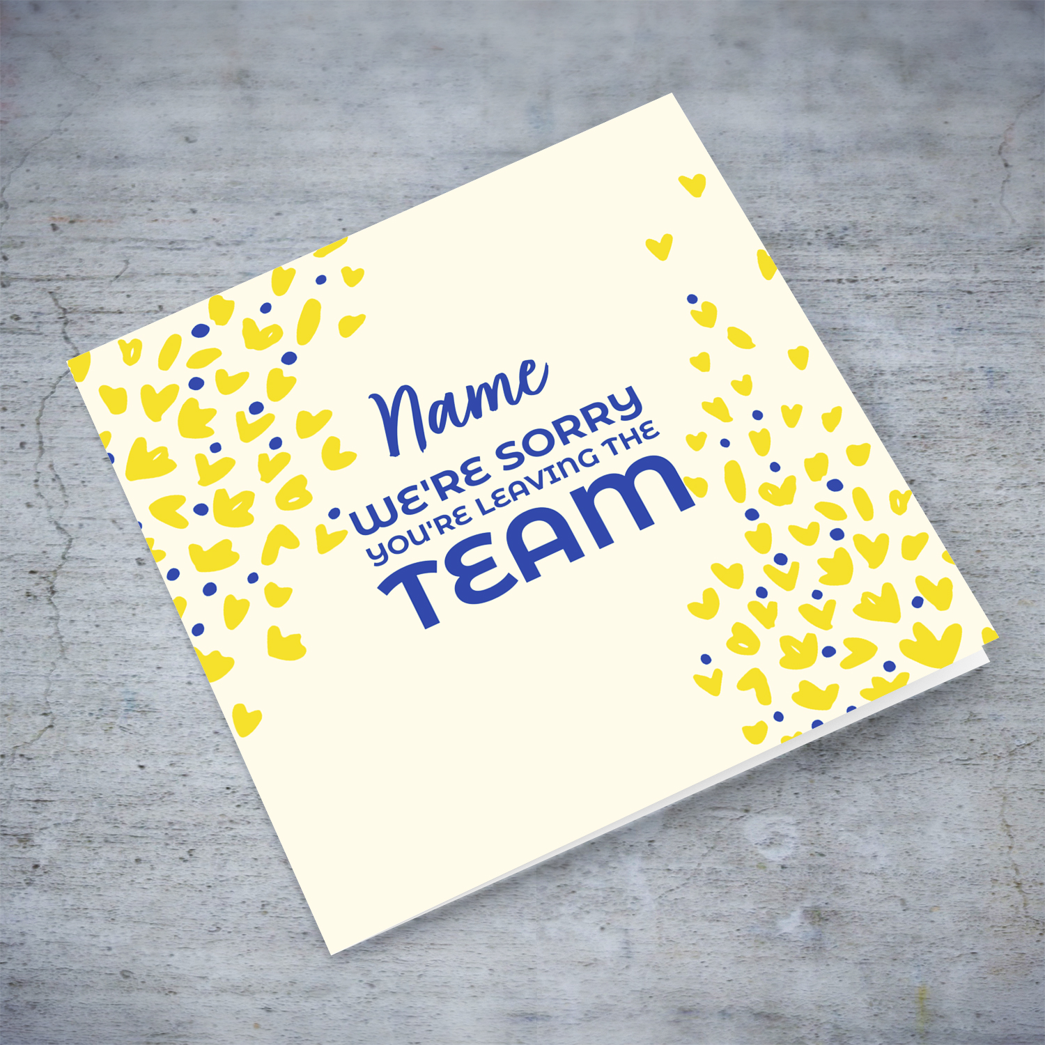 A beautiful two toned Farwell card in yellow and blue colours - We're sorry you're leaving the team - in English (Personalisable)