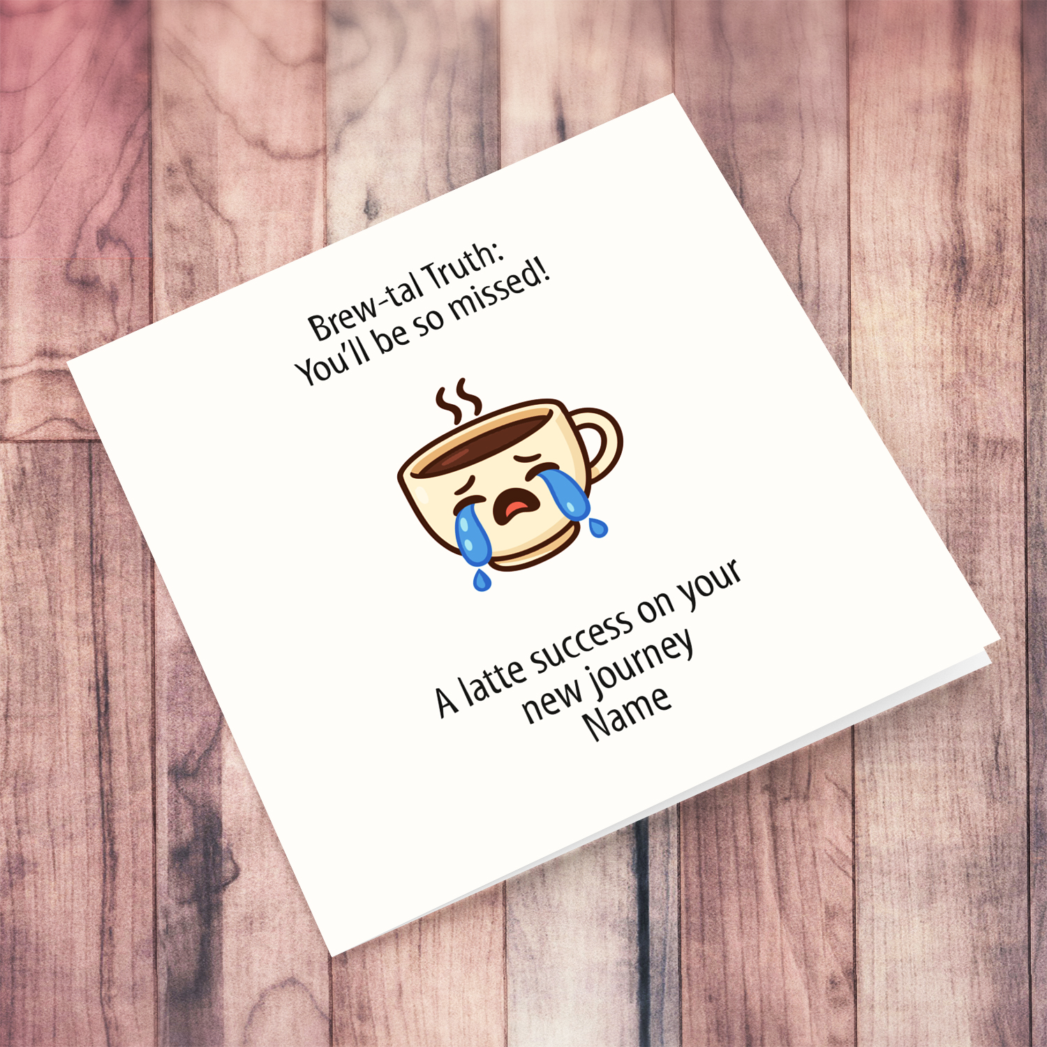 A cute crying cup farewell / retirement card in a neutral background in English (Personalisable & Unisex)