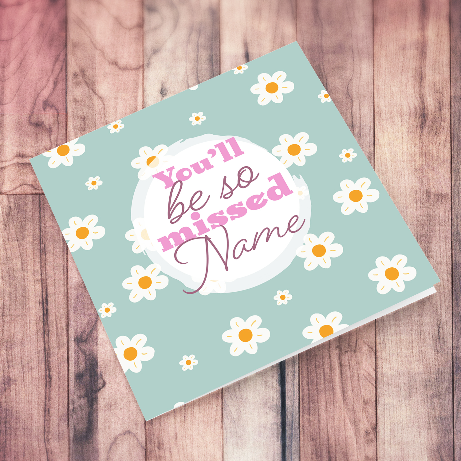 Turquoise background with white flowers farewell / you'll be missed card in English (Personalisable)